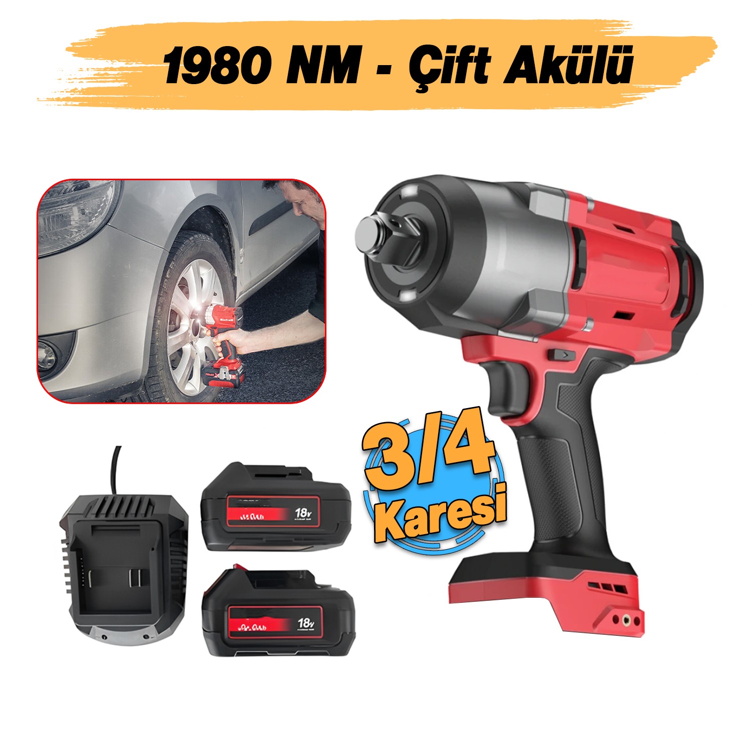 Şarjlı Çift Akülü Darbeli Somun Sıkma 3/4 Sökme Tabanca 1980 Nm Tork Teker Bijon 2300 BPM 18 Volt