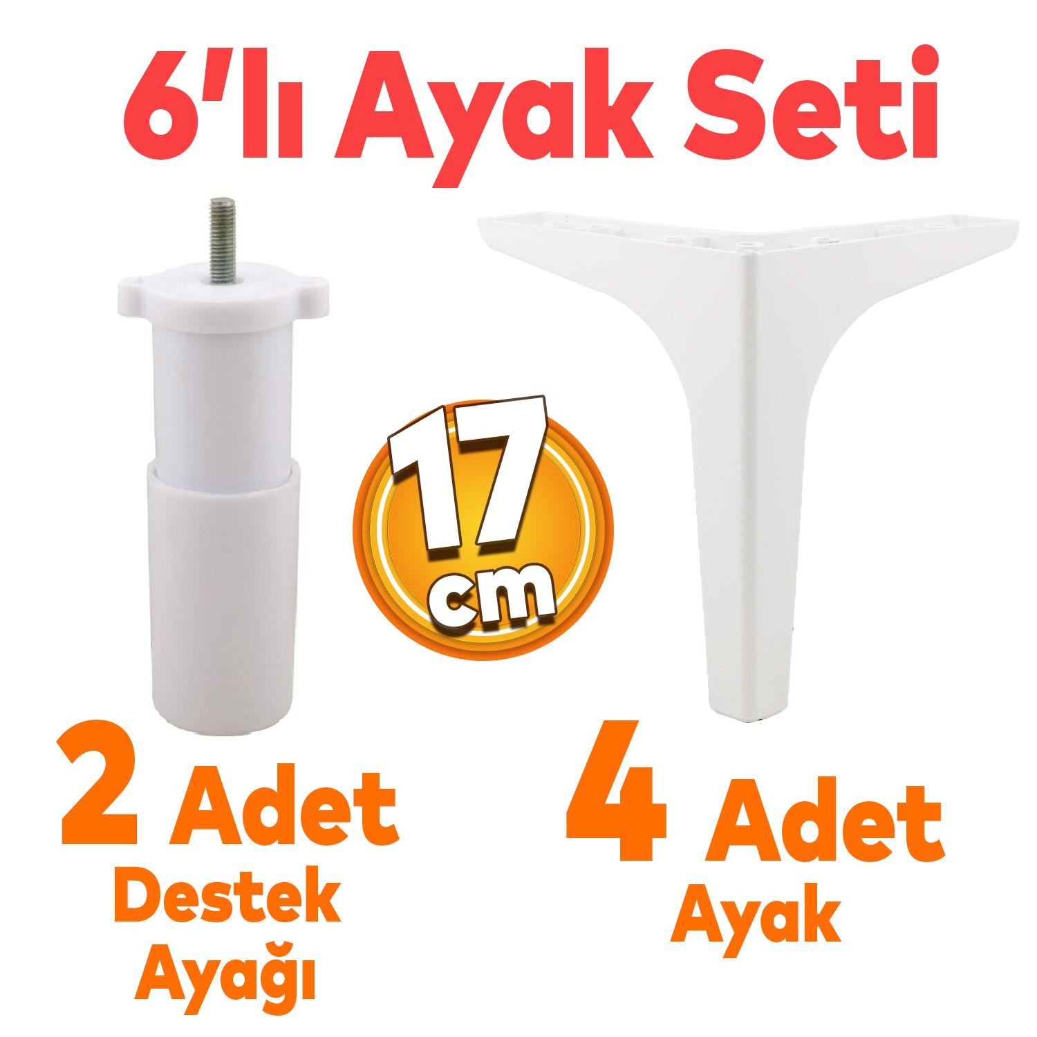 Sedef 6'lı Set Mobilya TV Ünitesi Çekyat Koltuk Kanepe Destek Ayağı 17 cm Beyaz Baza Ayak M8 Destek