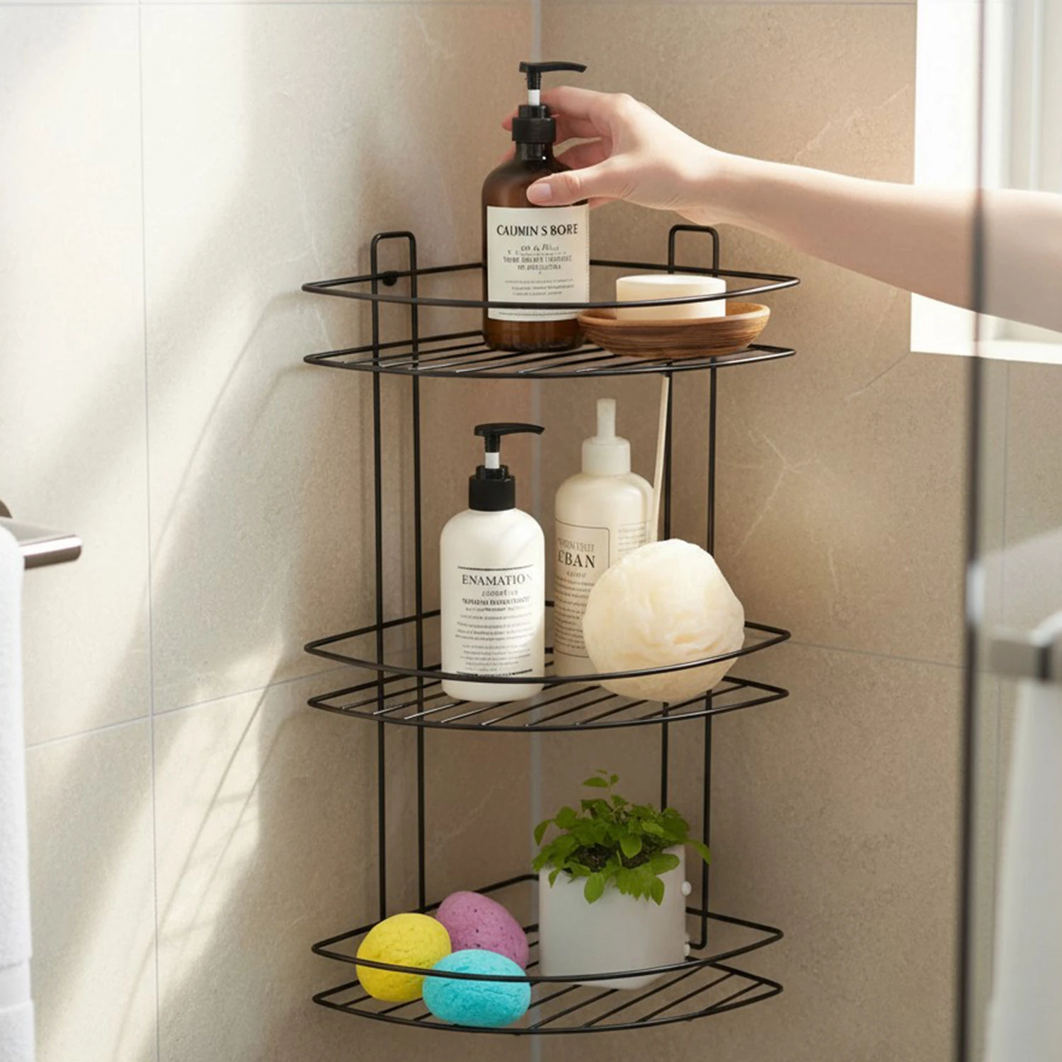 Siyah Vidalı 3 Katlı Köşe Şampuanlık Duş Rafı Metal Banyo Organizeri Paslanmaz Şampuan Sabunluk