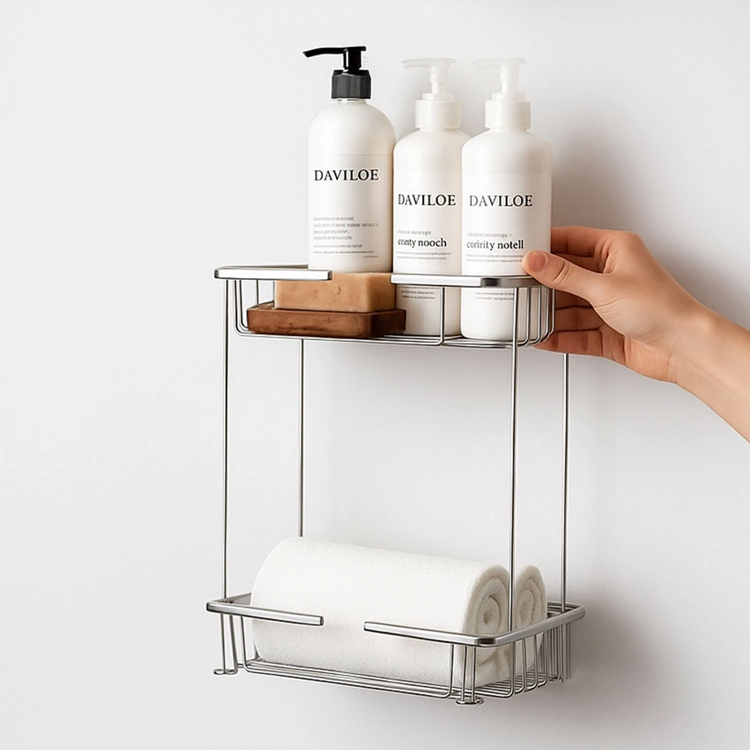İki Katlı Krom Banyo Şampuanlık Kare Tasarım Çift Kat Duş Rafı Paslanmaz Metal Duvar Organizeri