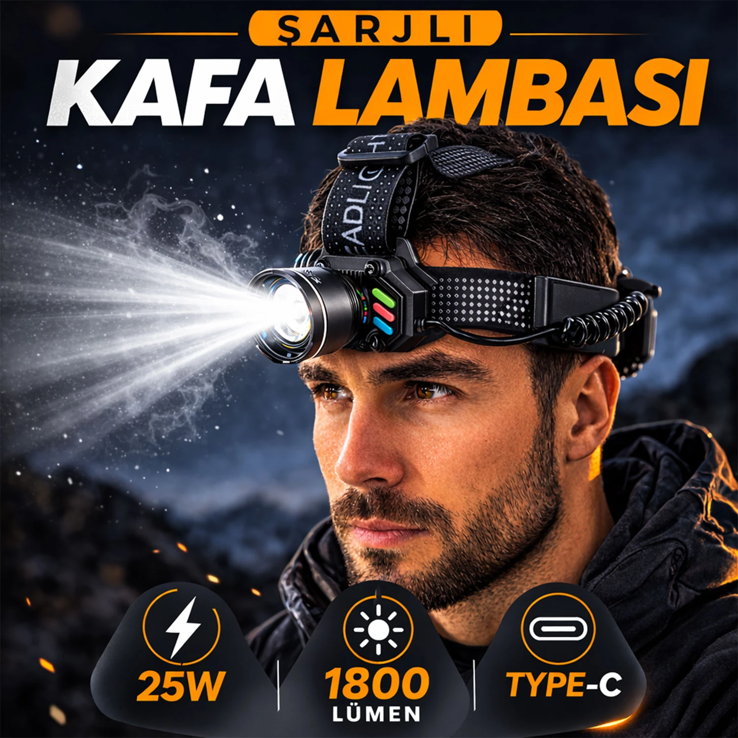 Şarjlı Profesyonel LED Kafa Lambası 25W 1800 Lümen Kamp Madenci