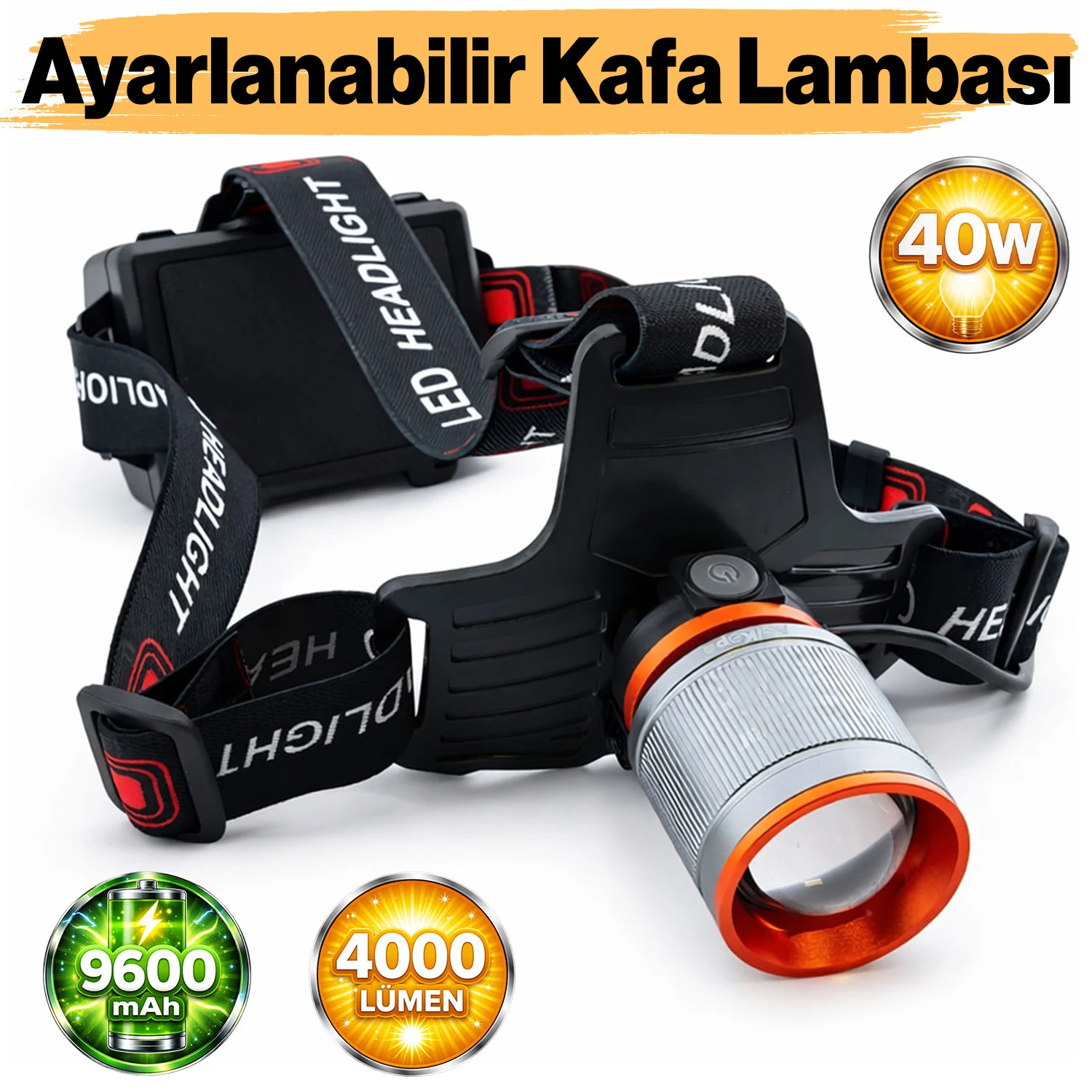 ライト！ Ayarlanabilir Şarjlı Kafa Lambası 40W 4000 Lümen 9600 mAh Güçlü