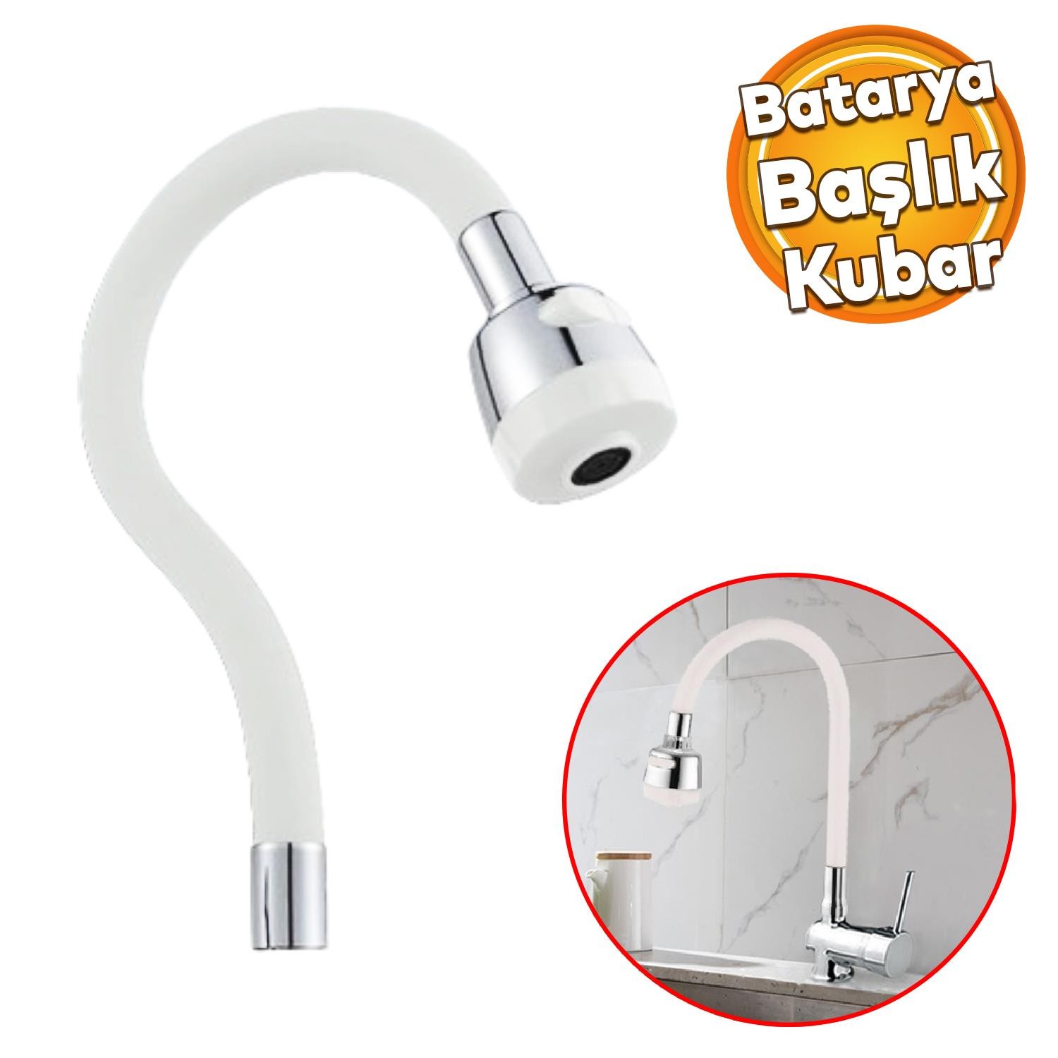 Mutfak Musluk Batarya Kuğu Evye Borusu Oynar Hortumlu Beyaz Renk 2 Kademe Su Kubar Ayarlı Başlık