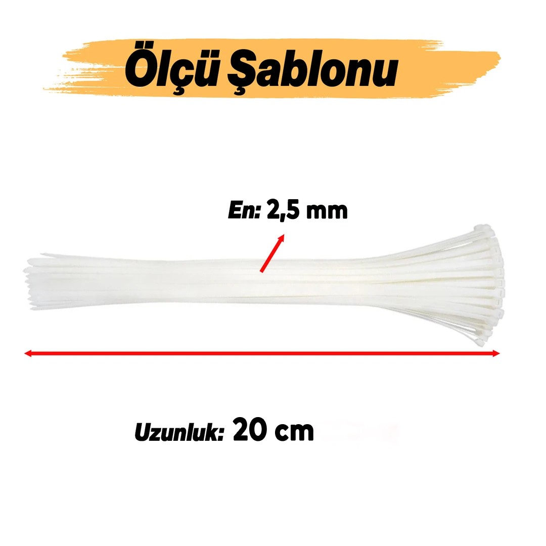 2.5 x 200 mm 100 Adet Cırt Kelepçe 20 cm Plastik Beyaz Renk Zip Kablo Bağı Çok Amaçlı Bağlama 