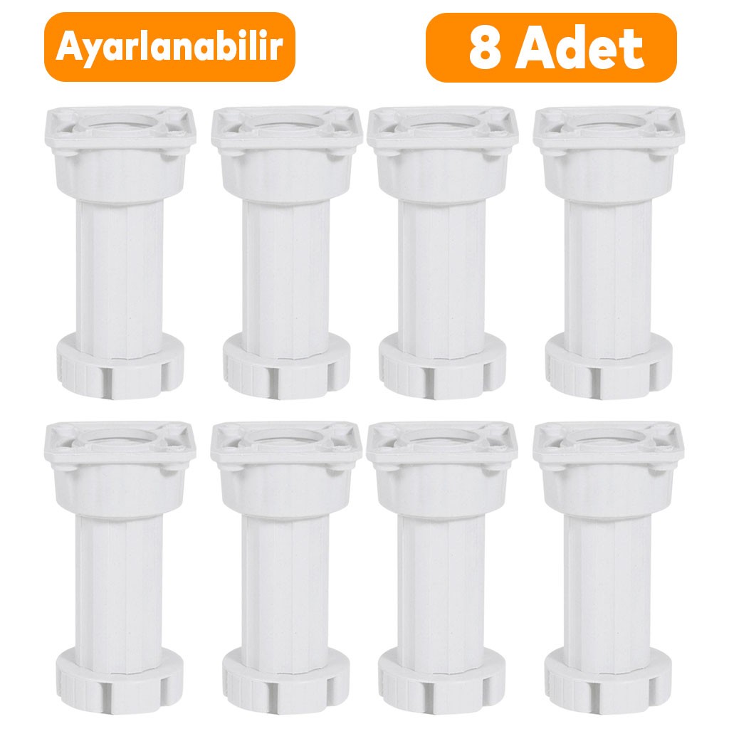 (8 ADET) Ayarlanabilir Dolap Mobilya Tezgah Puf Yükseltici Yükseltme Ayağı 10 Cm Beyaz Ayakları
