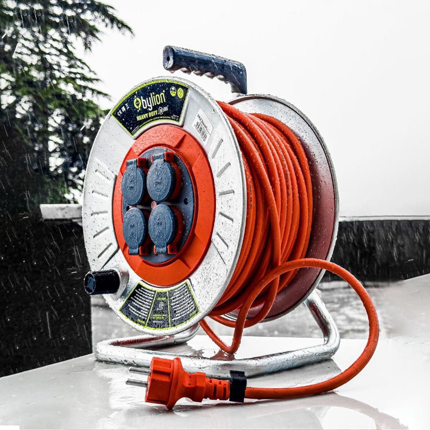 Bylion MMP-35315-F Makaralı Seyyar Kablo Kapaklı 4 Prizli Metal Uzatma Kablosu 3x1.5 mm CCA Kablo 35 Metre
