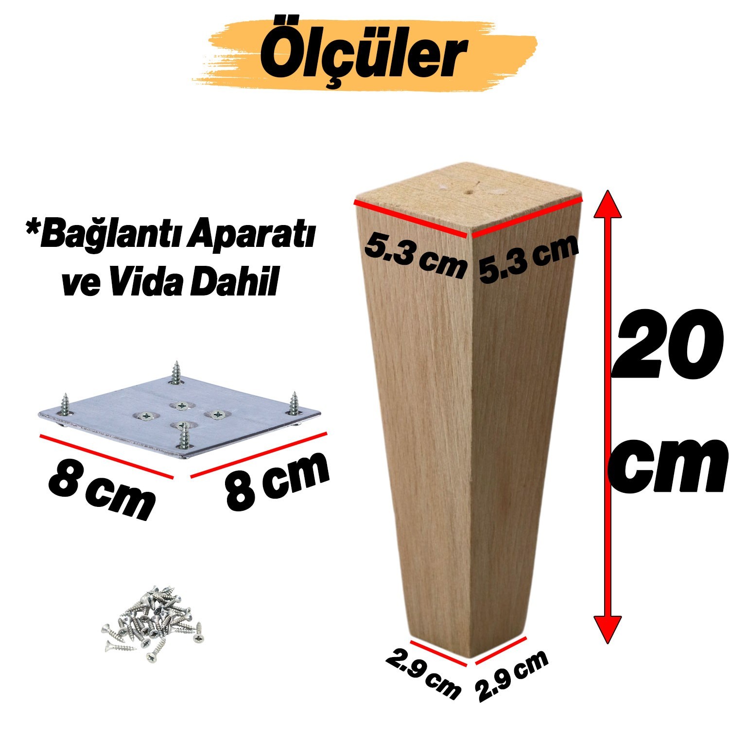 Ahşap Ayak 20 cm Kare Bağlantı Aparatı Dahil Mobilya Koltuk Kanepe Sehpa Masa Ayağı Ayakları Boyasız