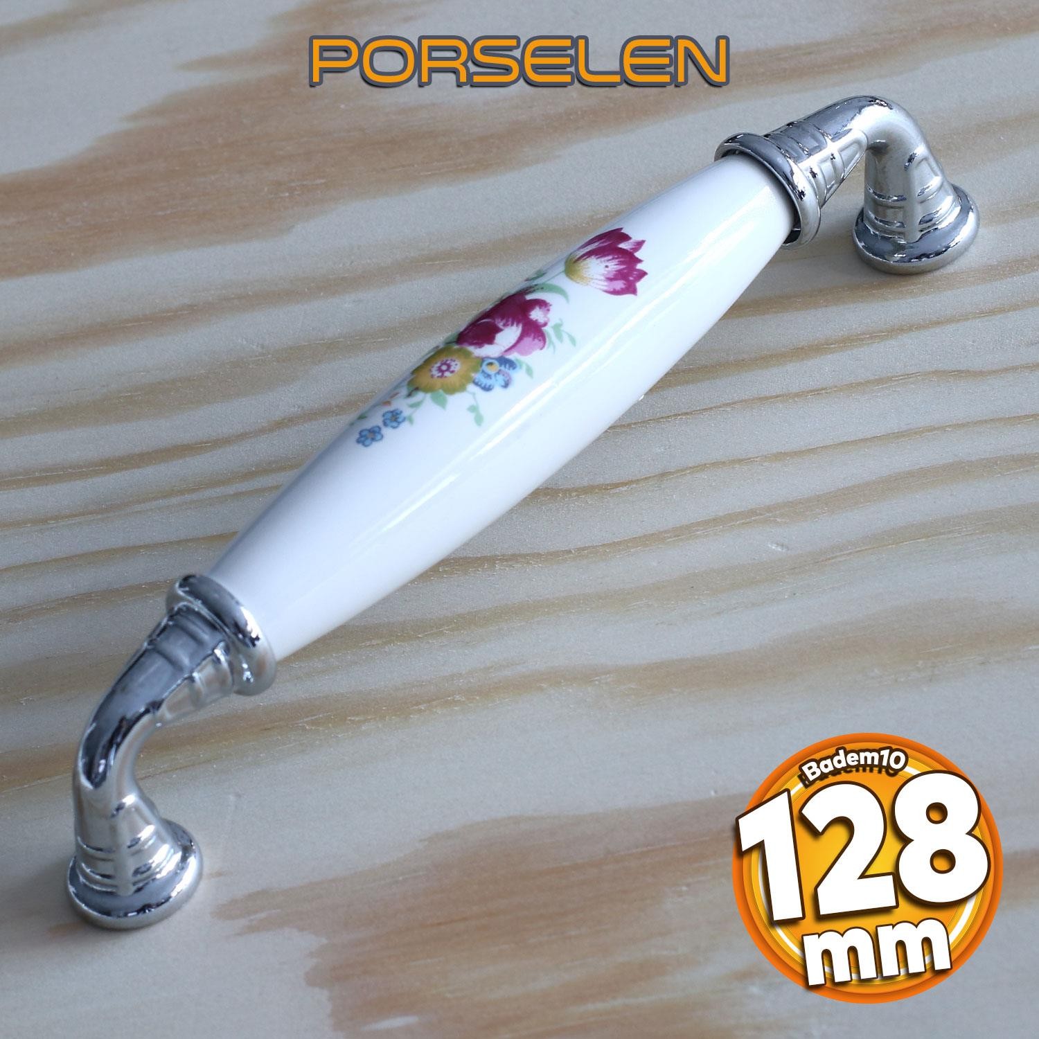 Gerçek Porselen Kulp Çiçekli Beyaz 128 mm Mobilya Mutfak Kulplar Dolabı Çekmece Dolap Kapak Kulpu