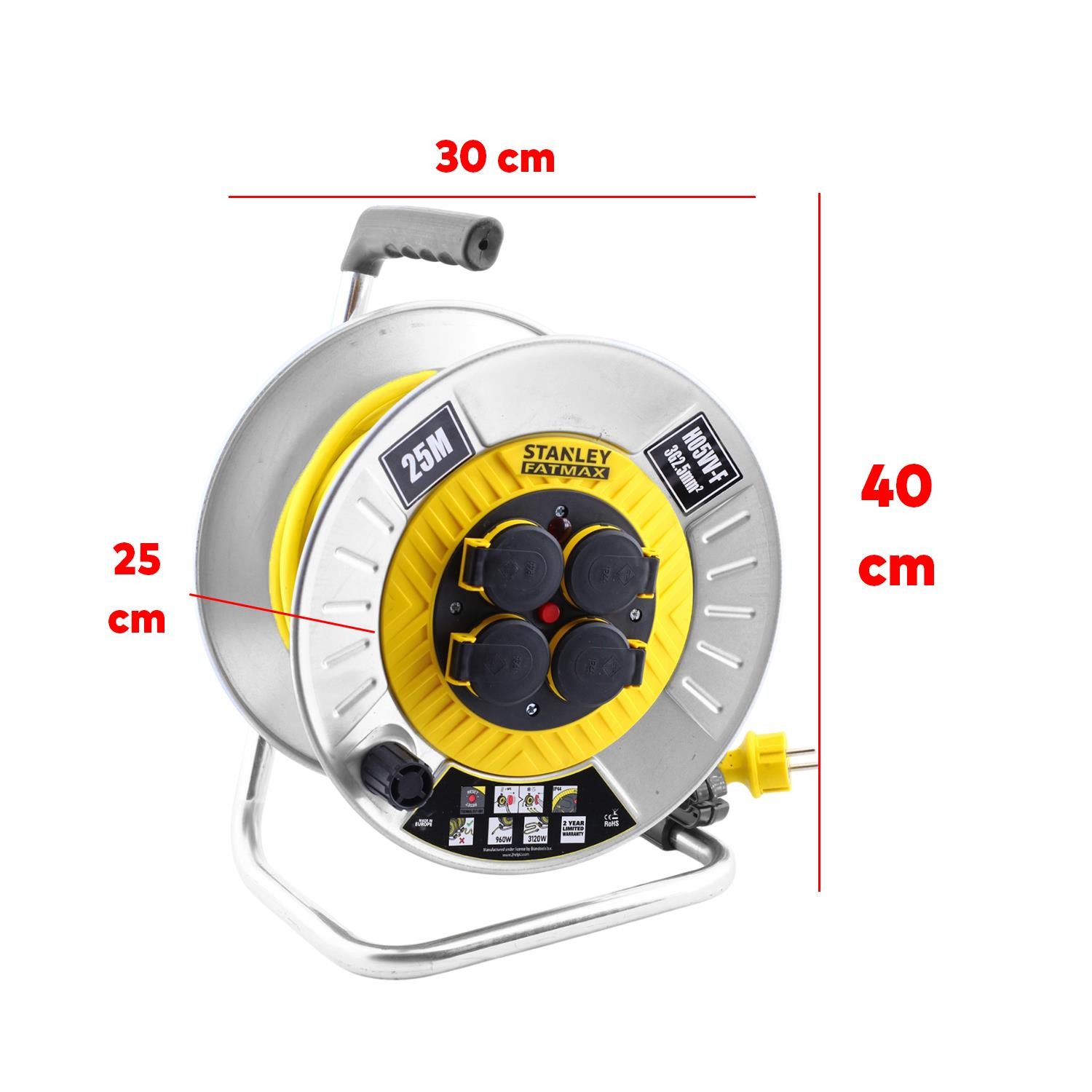 Stanley Metal Makaralı Seyyar %100 Bakır Kablo 4 Prizli Kapaklı Uzatma Kablosu 3x2.5 mm H05VV-F 25 Metre