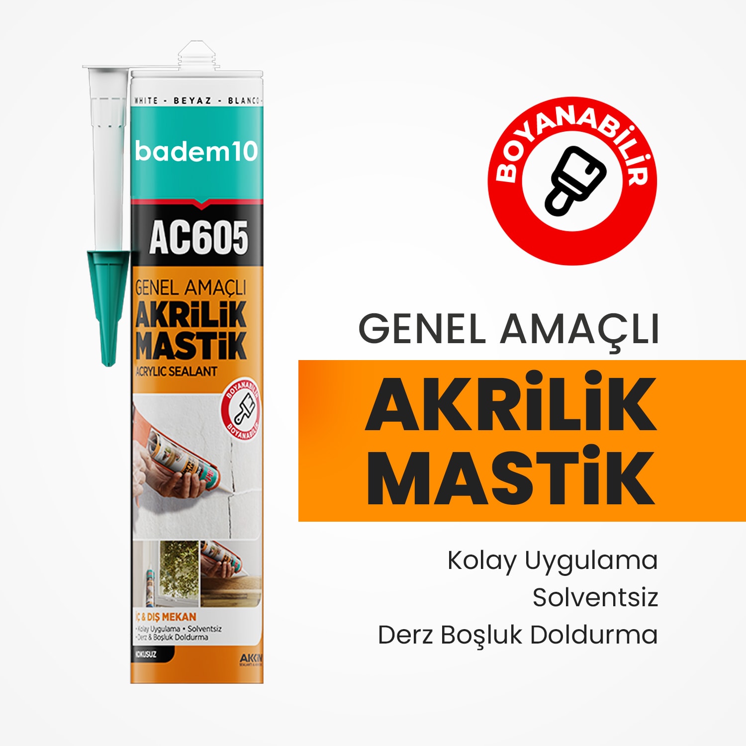 Beyaz Renkli AC605 Boyanabilir Genel Amaçlı Solventsiz Kolay Uygulanır Akrilik Mastik 500 gr