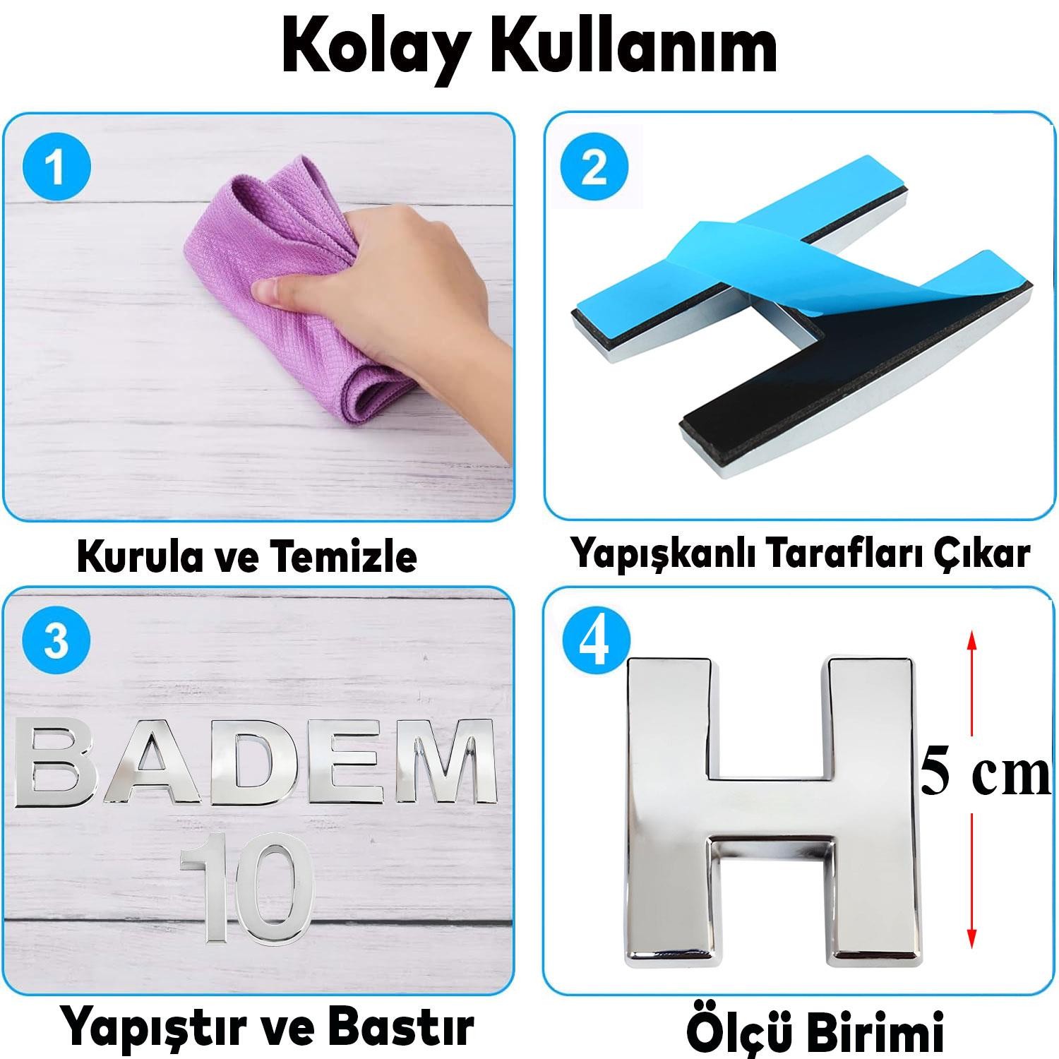 Harf Yapışkanlı H Harfi 5 cm Kapı Oda Posta Kutusu Oto Araç Harfi Yazısı Parlak Krom Gümüş 