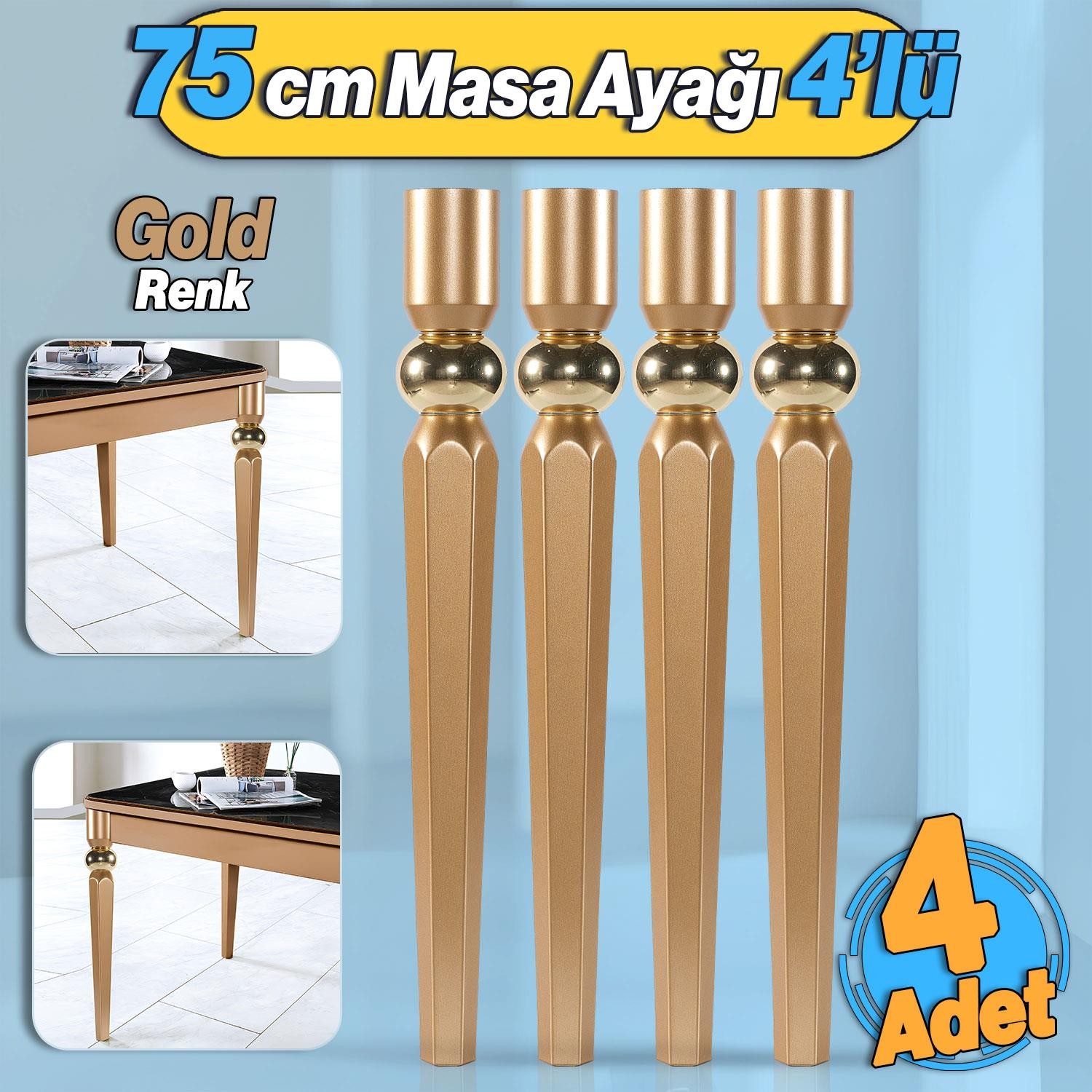 4 Adet Elips Masa Dresuar Ayağı 75 cm Plastik Gold Altın Mutfak Yemek Masası Mobilya Ayakları