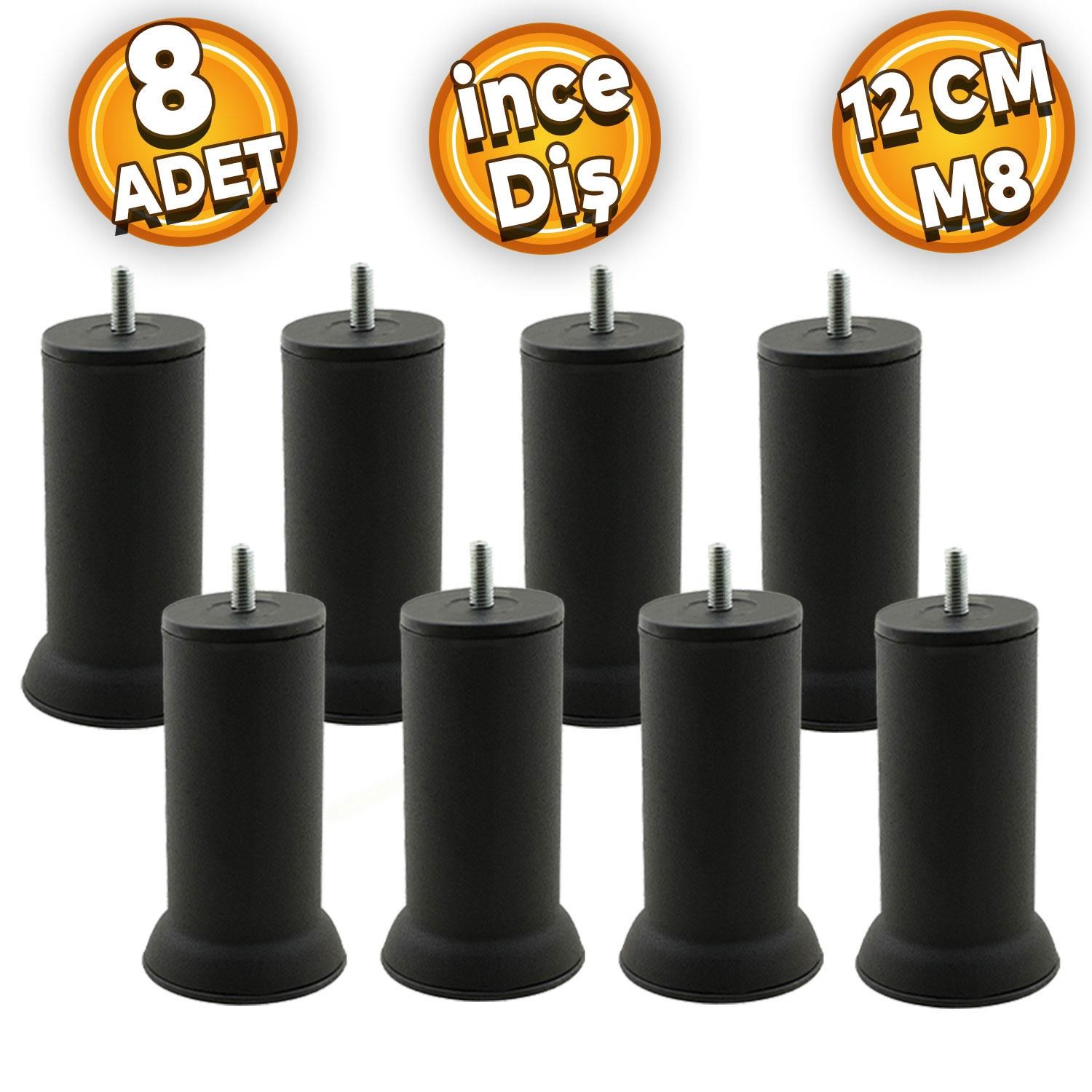 Mobilya Baza Kanepe Koltuk Çekyat Yükseltme Ayağı Ince Diş M8 Siyah Metal Ayakları 12cm 8 Adet