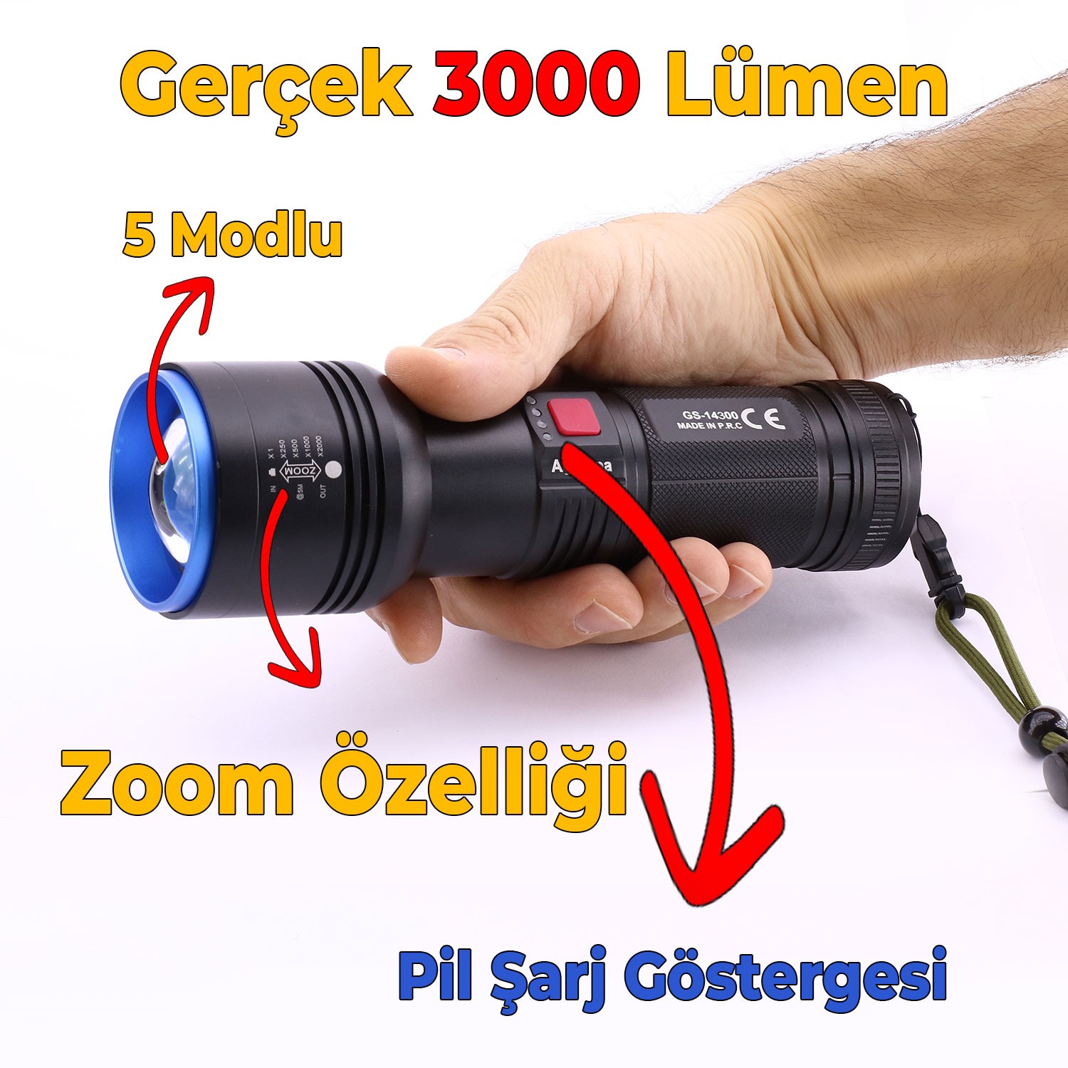 El Feneri 3000 Lümen Uzun Menzil 30W 8000 mAh Şarjlı Powerbank Ledli Işık Lambası Su Geçirmez Kamp