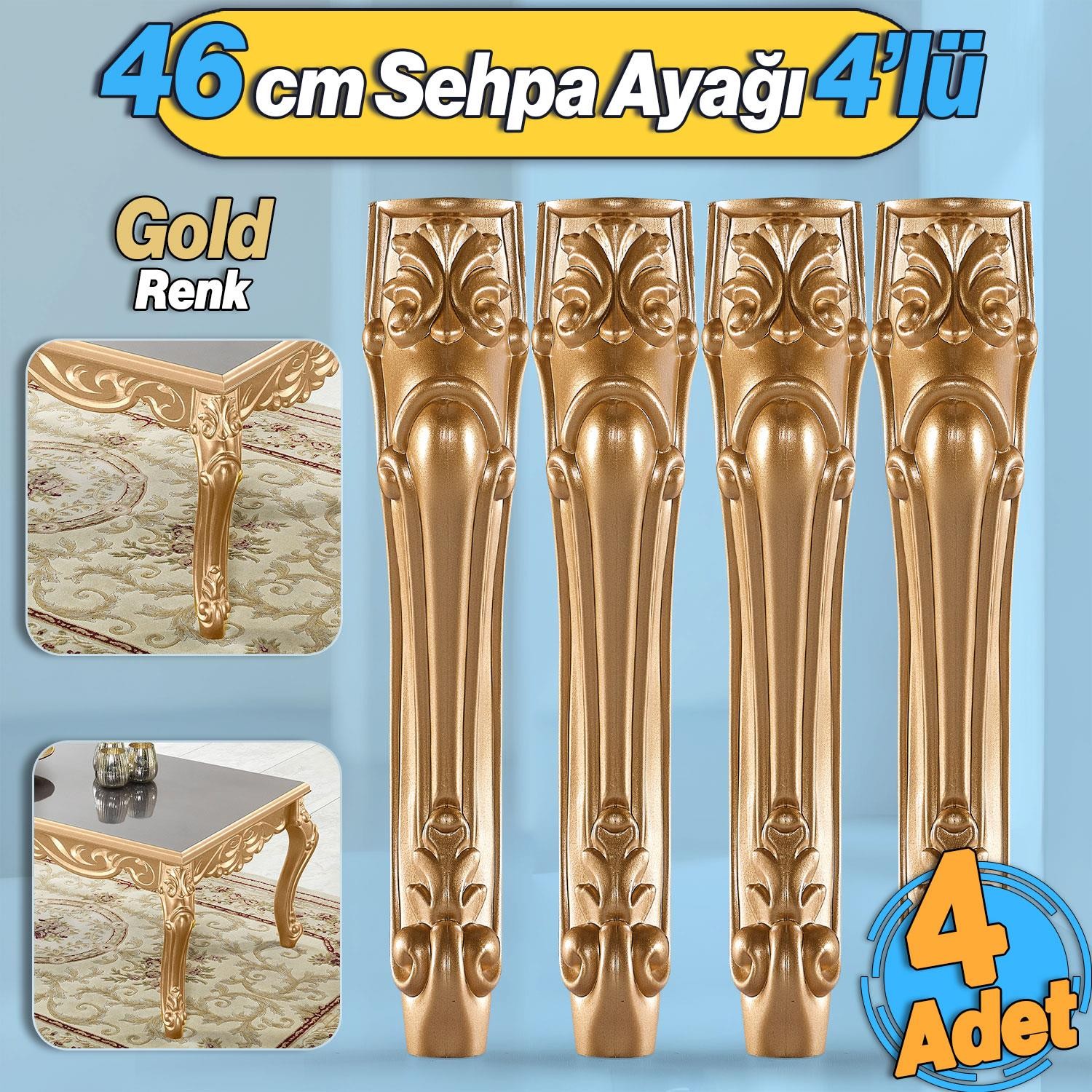 Erva Plastik 4 Adet Sehpa Ayağı 46 cm Gold Altın Orta Ayak Zigon Sehpa Mobilya Masa Ayakları Altın