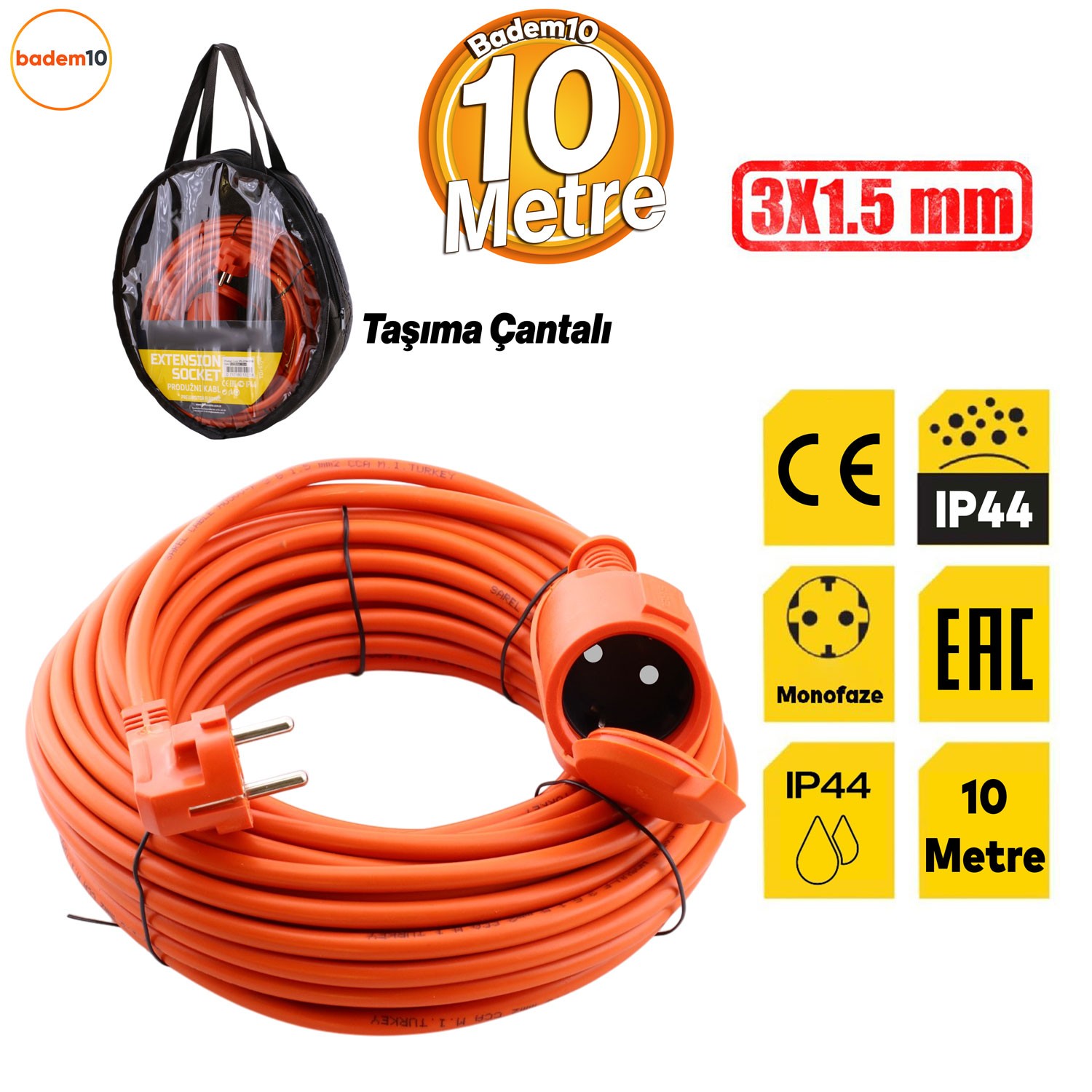 Uzatma Kablosu 3x1.5 mm 10 METRE Kablolu Tekli Grup Fiş Priz Topraklı Kapaklı Monofaze Ev Tipi
