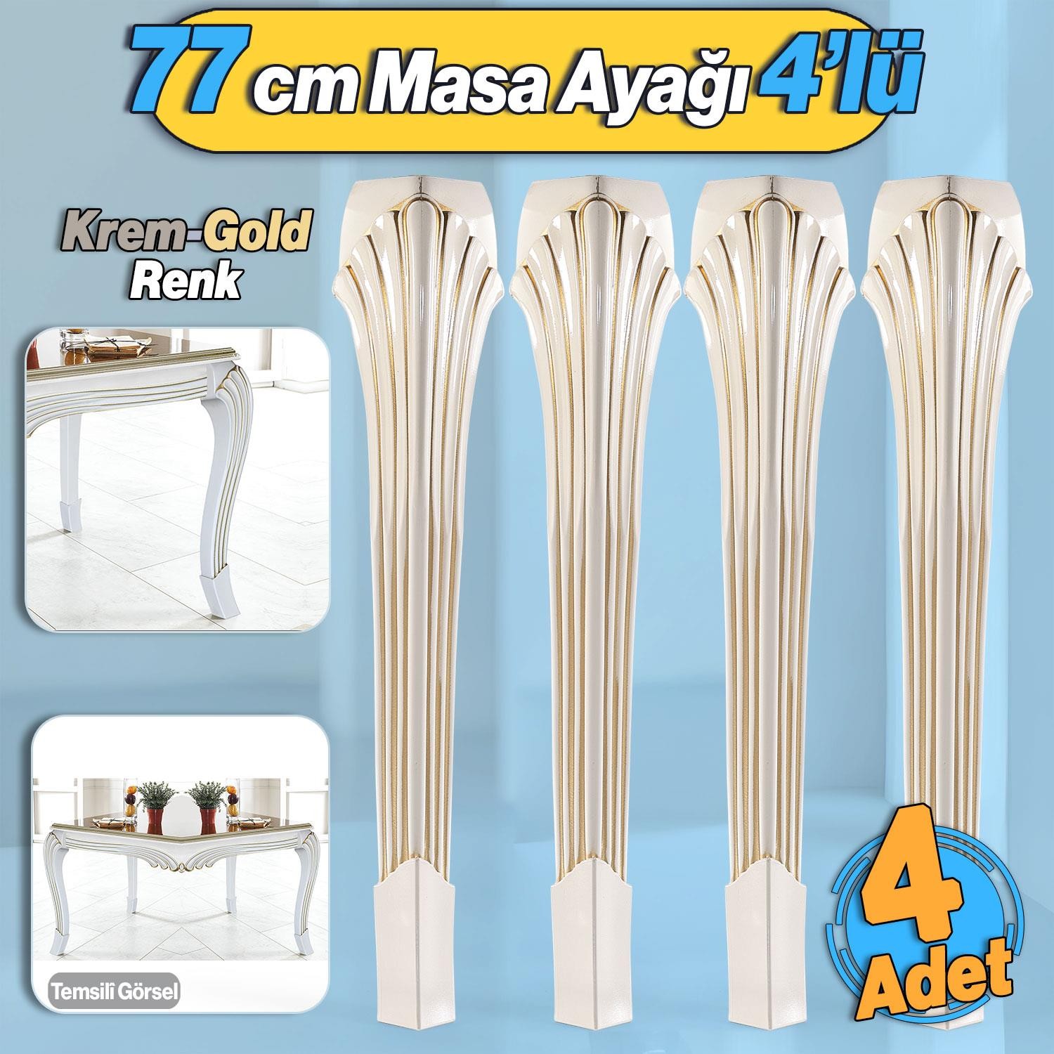 4 Adet Sütun Masa Dresuar Ayağı 77 cm Plastik Ayak Krem Altın Mutfak Yemek Masası Mobilya Ayakları