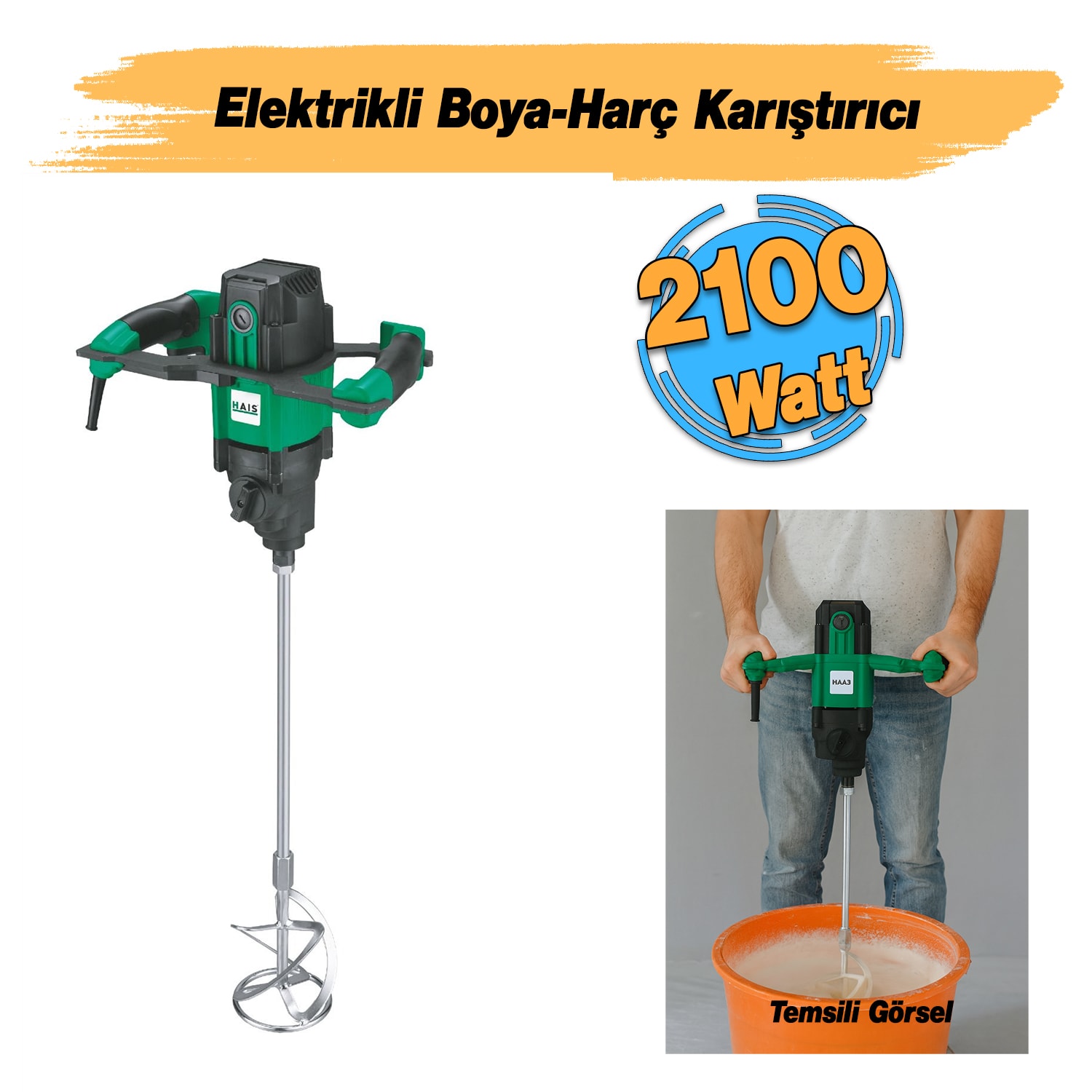 Elektrikli Boya Harç Karıştırıcı 2100 W Çift Kulp Ergonomik Mikser Ucu Güçlü Karıştırma Makinesi
