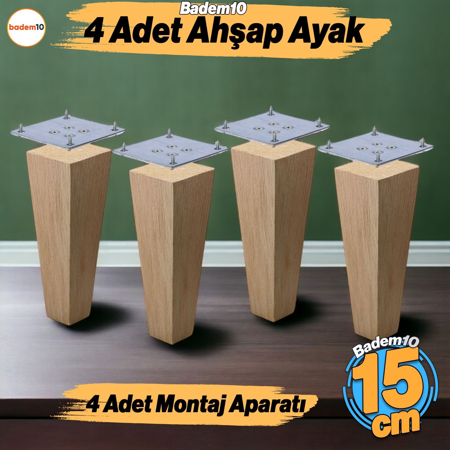 Ahşap Ayak 4 Adet 15 cm Kare Bağlantı Aparatı Dahil Mobilya Koltuk Kanepe Sehpa Masa Ayağı Ayakları