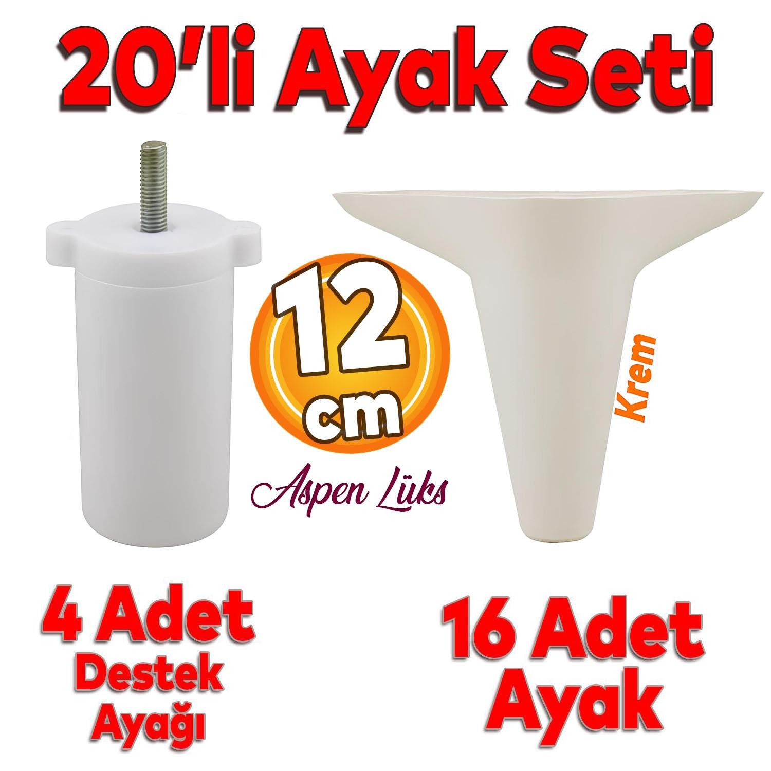 20'li Set Aspen Lüks Mobilya Kanepe Koltuk TV Ünitesi Yükseltici Destek Ayağı Ayakları 12 cm Krem