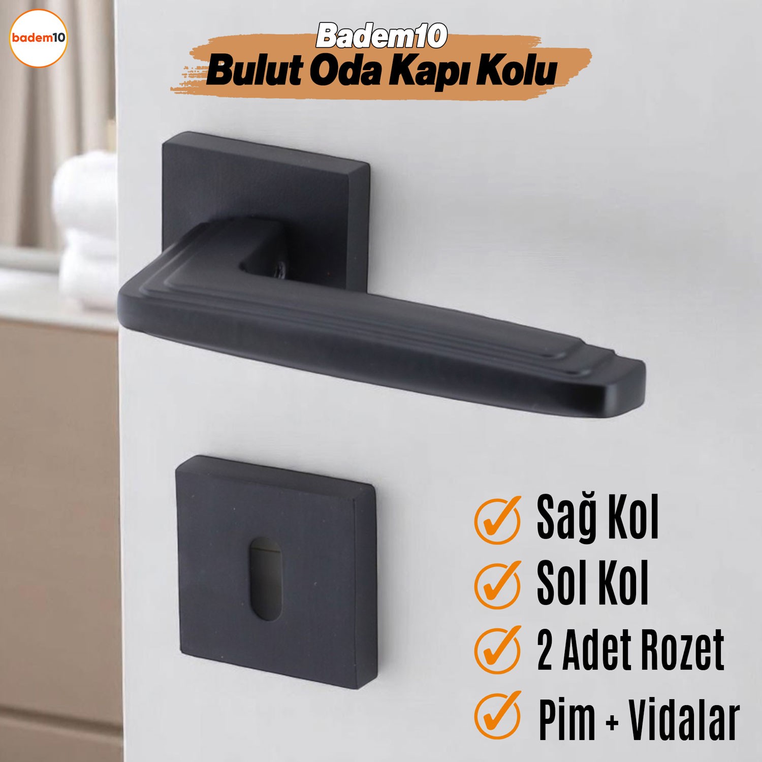 Bulut Oda Siyah Kapı Kolu Kare Rozetli Sağa Sola Uygun İç Ev Kapısı Kolları Kilitlenebilir 1 Takım