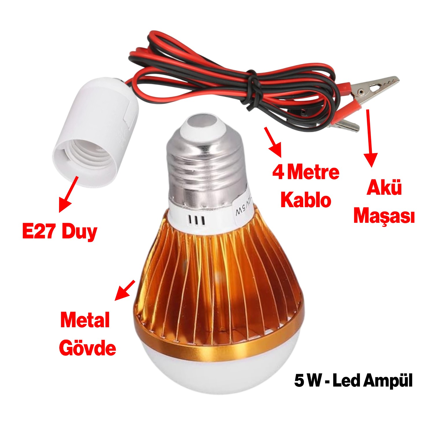 Akü Pensli 4 Metre Kablolu 12 V Tasarruflu Seyyar Led Ampul 5W Lamba Anahtarlı Aydınlatma Beyaz Işık