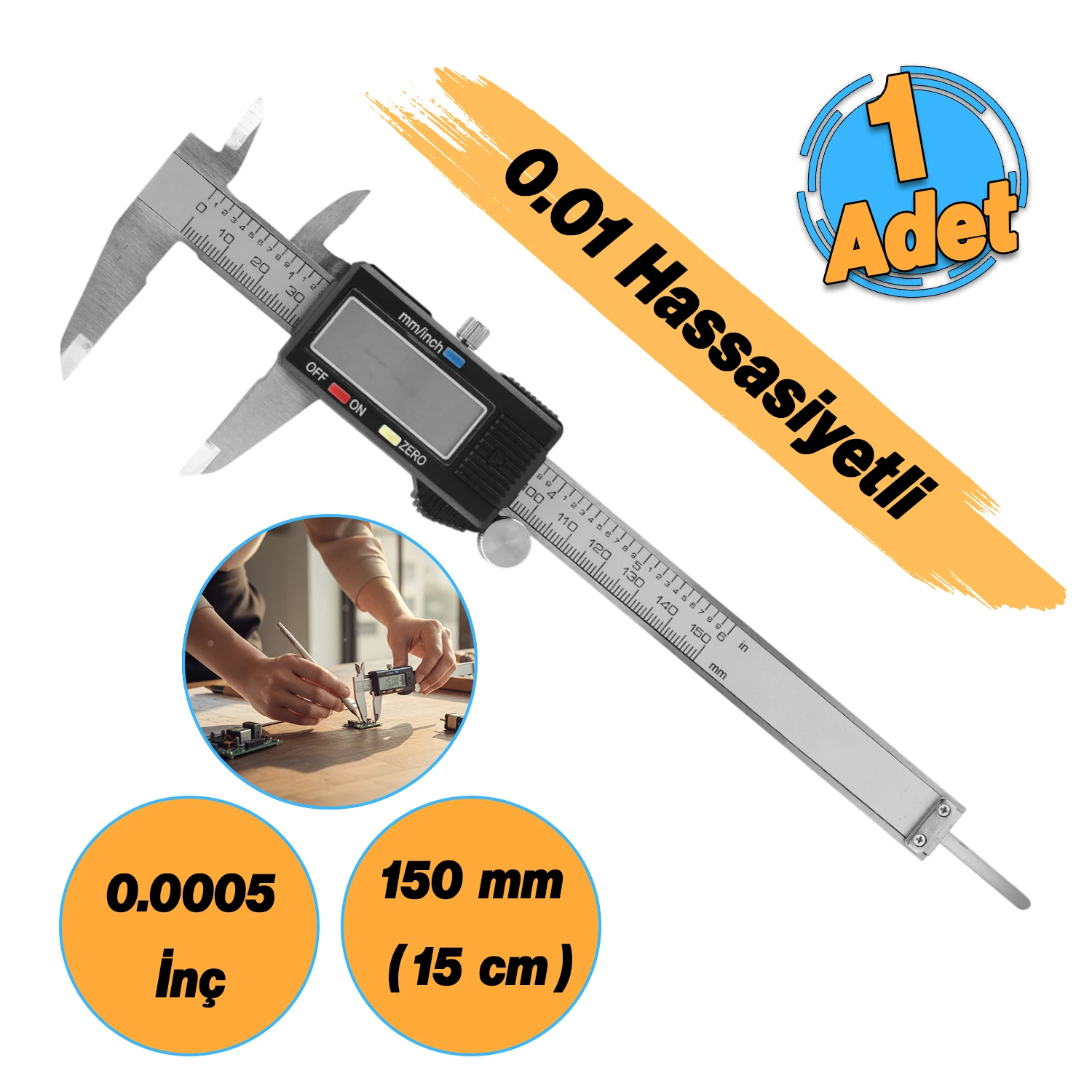 Dijital Kumpas Lcd Ekranlı (0.01-12 mikron Hassasiyet) 0.0005 İnç Metal 150 mm Derinlik Ölçüm Aleti
