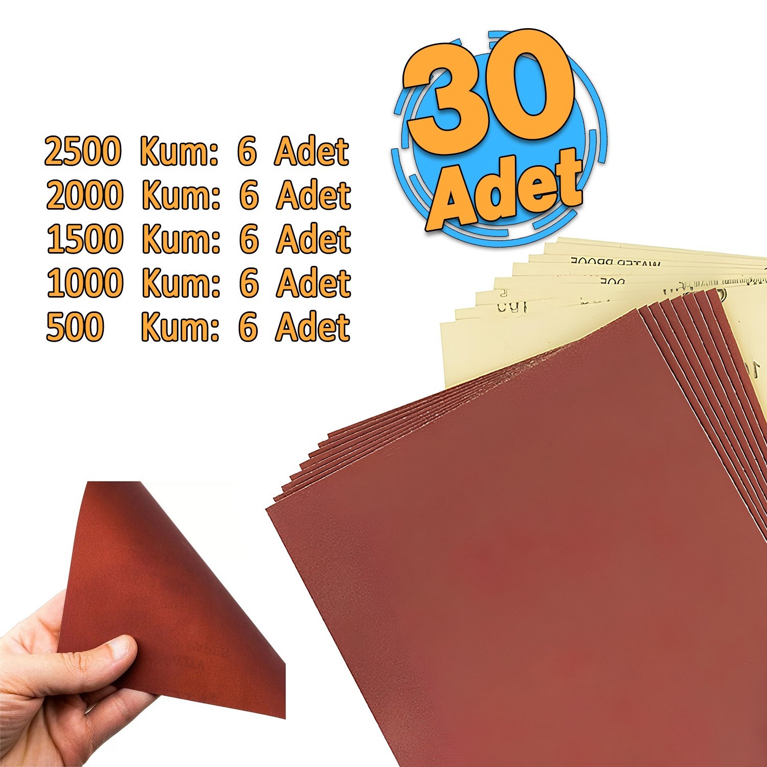 El Su Zımparası 30 Adet Kağıdı Far Temizleme Parlatma Seti 2500-2000-1500-1000-500 Kum