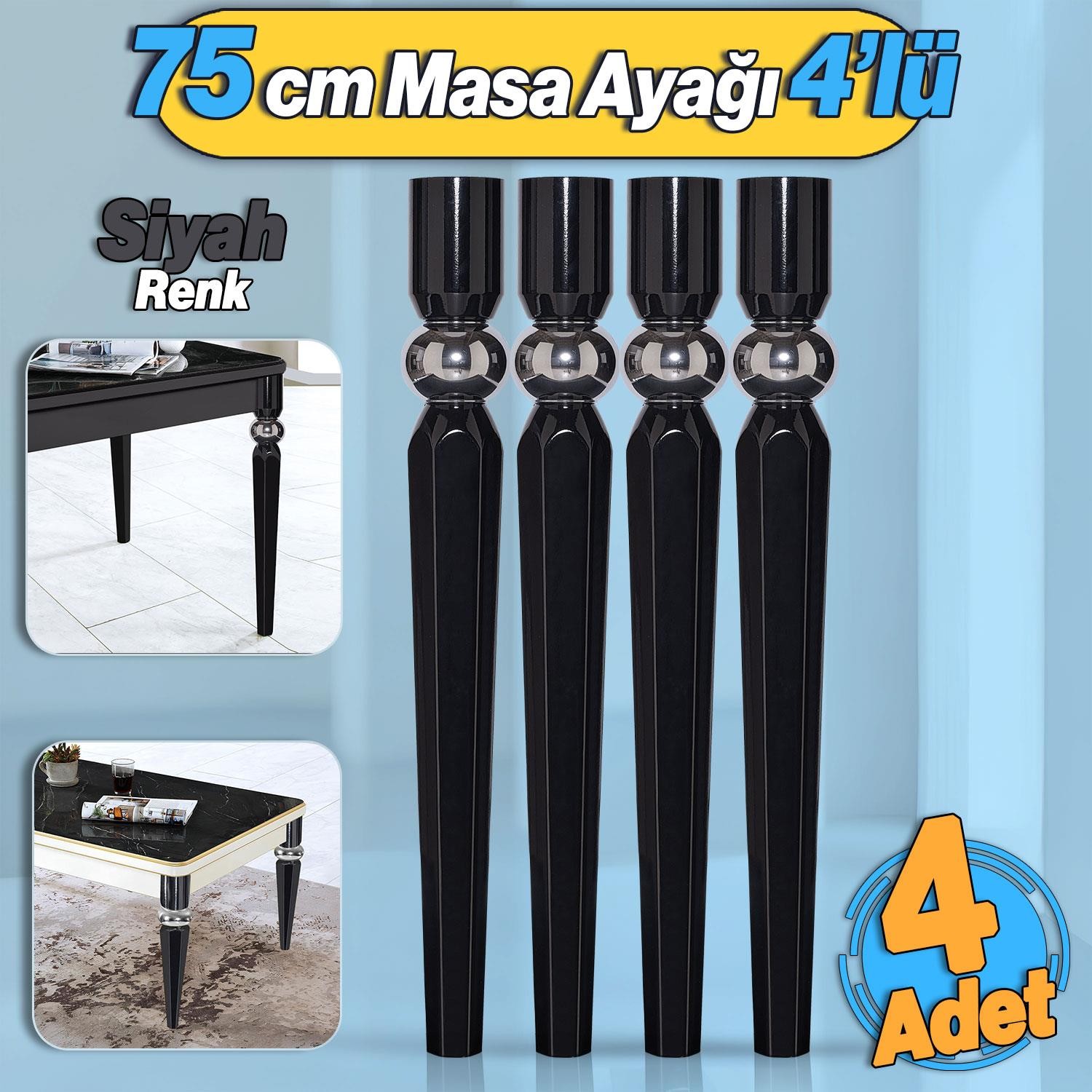 4 Adet Elips Masa Dresuar Ayağı 75 cm Plastik Siyah Krom Ayak Mutfak Yemek Masası Mobilya Ayakları