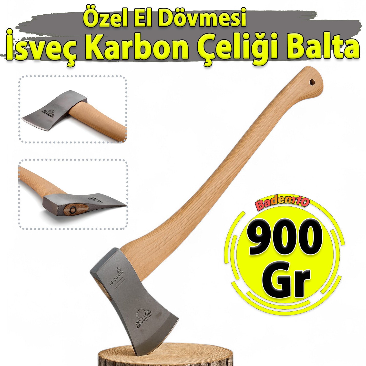900 Gram 65 Cm El Yapımı İthal İsveç Karbon Çelik Yarma Odun Kesme Balta Ergonomik Sap Kamp Bahçe Av
