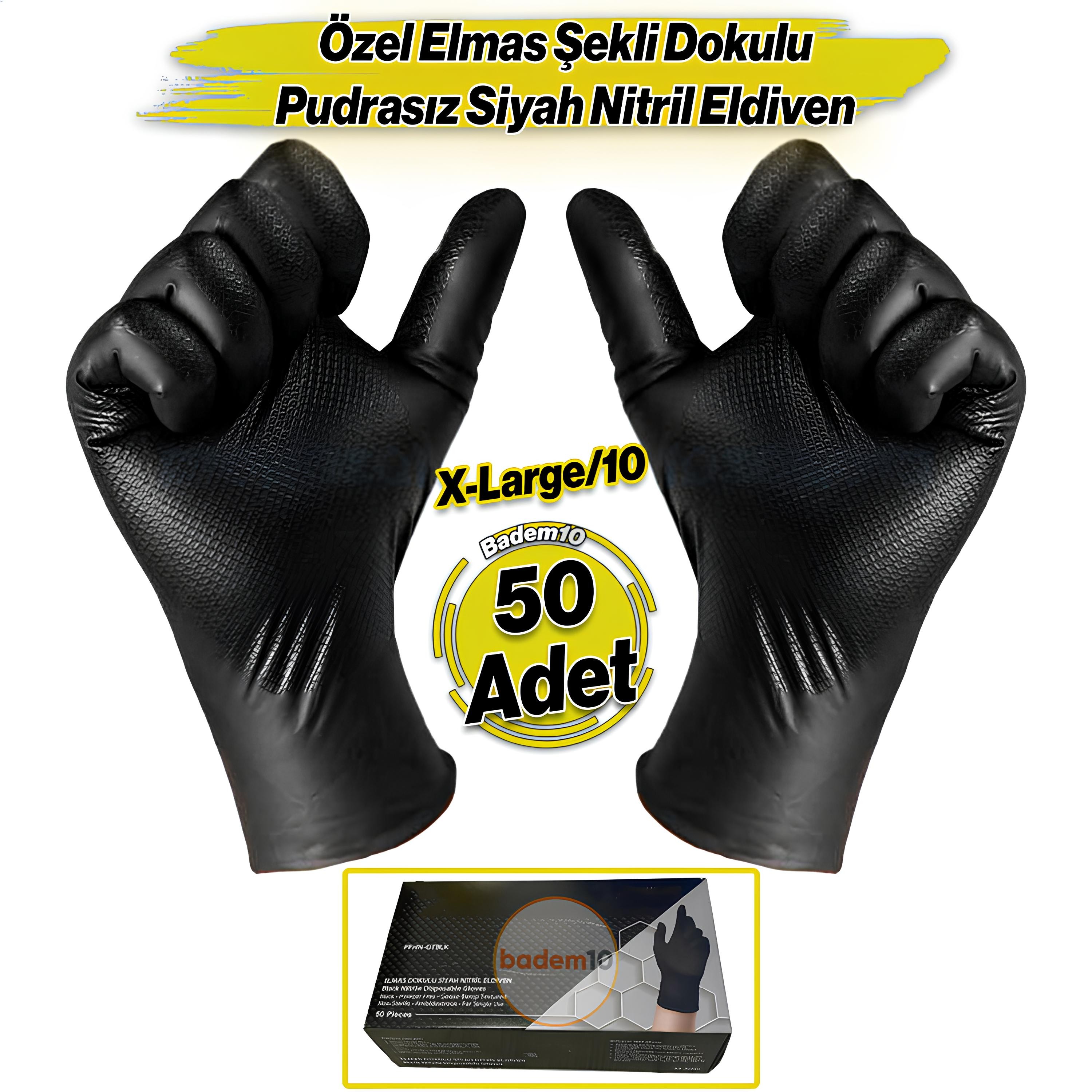 Elmas Dokulu Siyah XL Beden 50 Adet Kalın Hijyenik Pudrasız Nitril Muayene Eldiveni 25 Çift