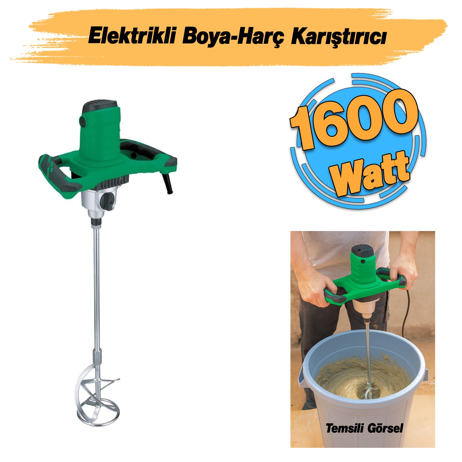 Elektrikli Boya Harç Karıştırıcı 1600 W Çift Kulp Ergonomik Mikser Ucu Güçlü Karıştırma Makinesi