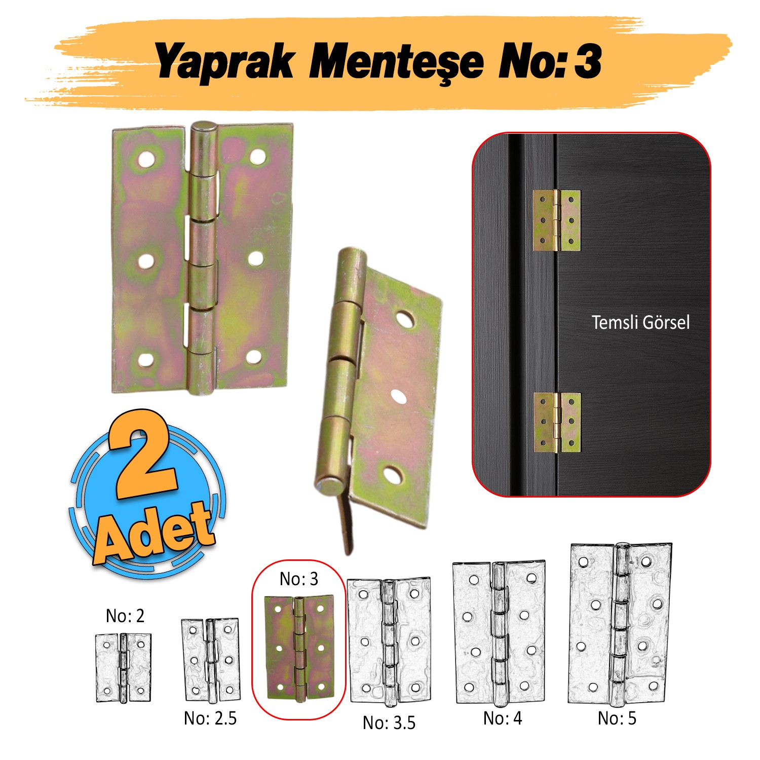 Metal Yaprak Menteşe 2 Adet Prinç Sarı No:3 Mobilya Pencere Kapı Dolap PVC Menteşesi İki Kanatlı