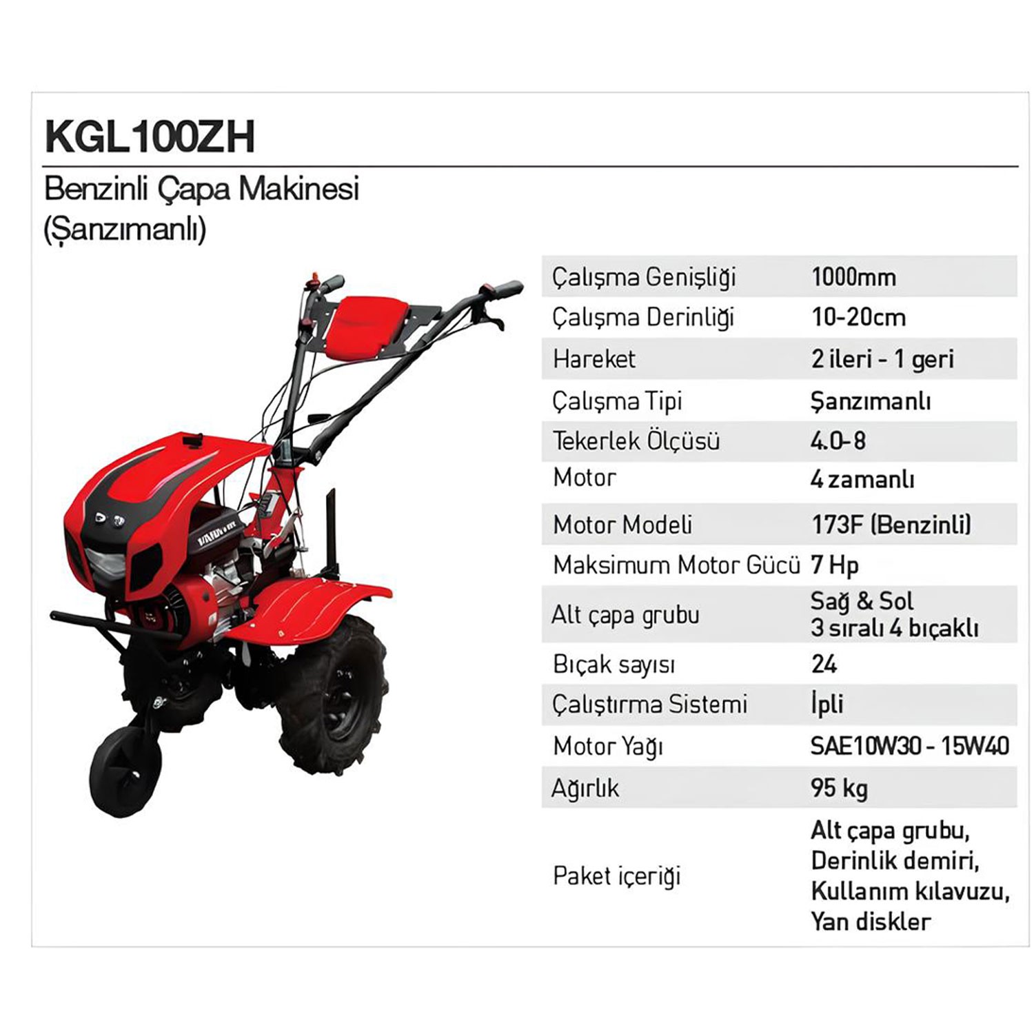 Benzinli Çapa Makinesi KGL100ZH 7 Hp Güçlü Motorlu Bahçe Toprak Çapalama ve Tarım İşleme Makinesi