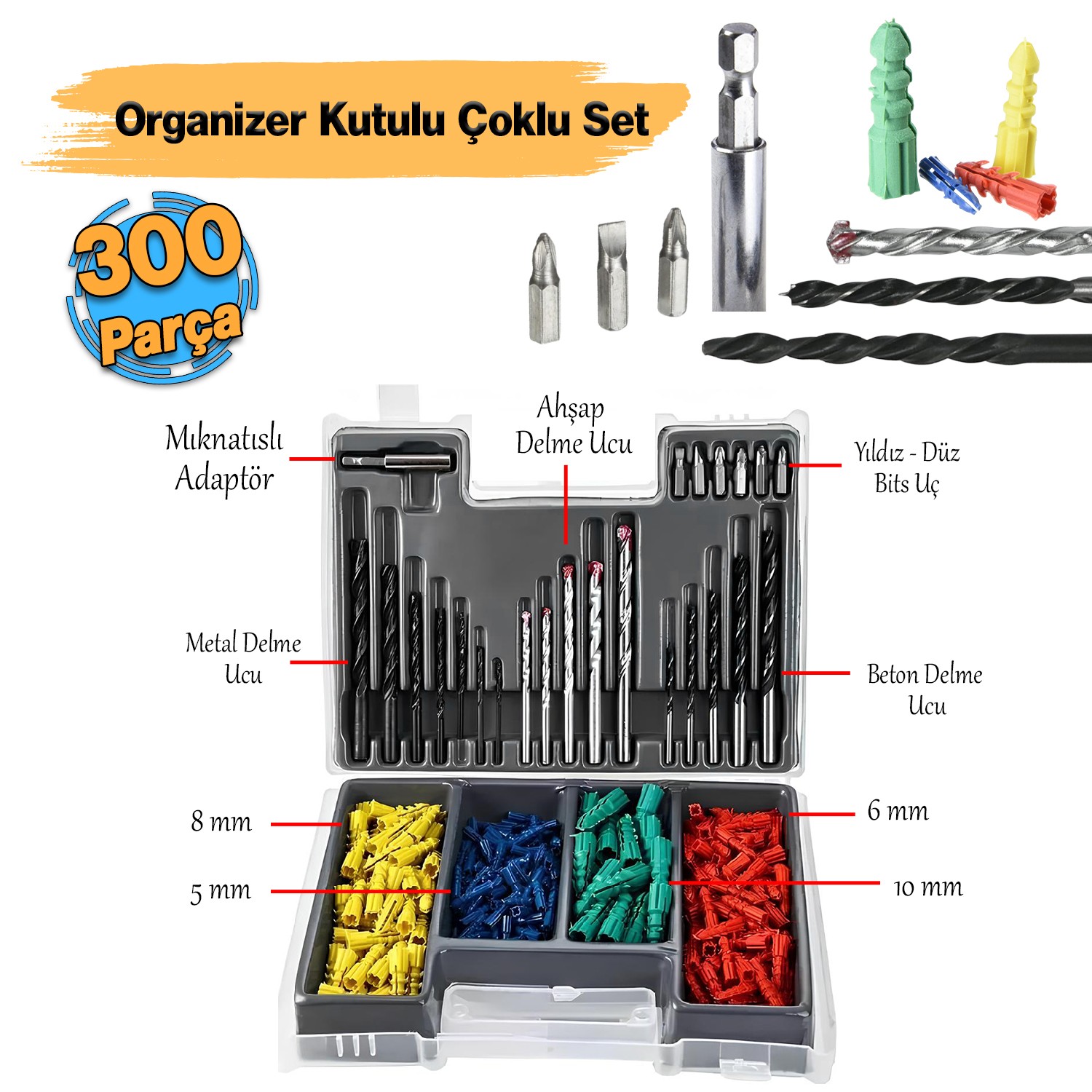 Matkap Ucu Set Duvar Metal Ahşap 17'li Delme 4 Çeşit Dübel 6 Farklı Yıldız Düz Bits Uç Organizer