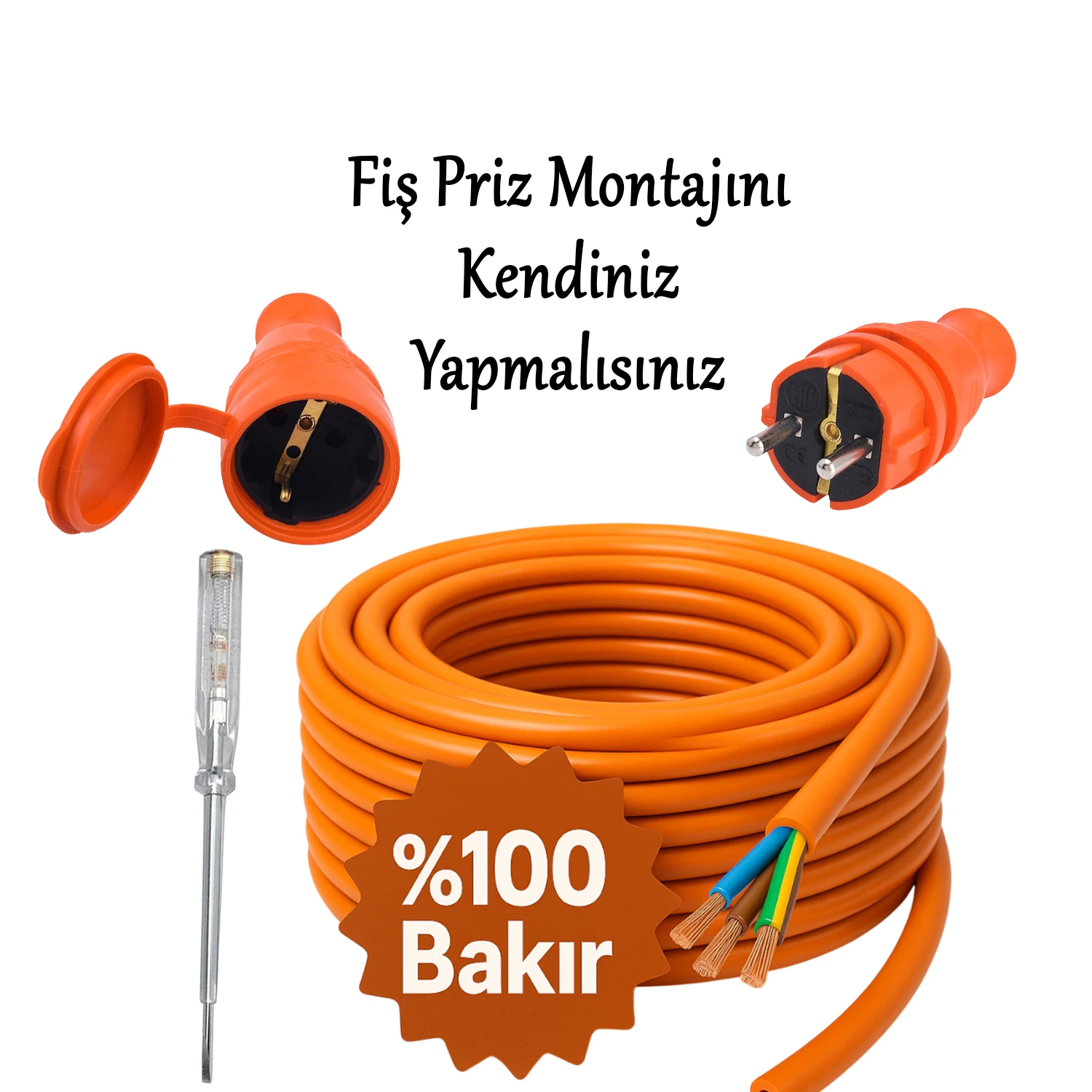 %100 Bakır 3x2.5 mm Seyyar 10 Metre Uzatma Kablosu Çok Telli Elektrik Kontrol Kalem Dişi Erkek Fiş