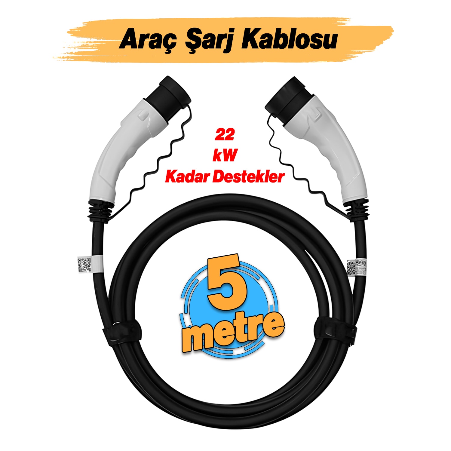 (5 Metre) Araç Şarj Kablosu 22 kW 3 Faz Type-2 Soket Elektrikli Çift taraflı Soketli Tak Çıkart