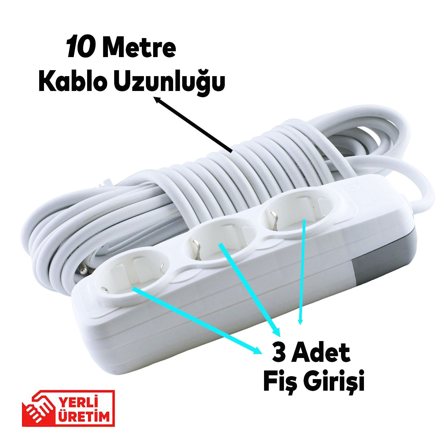 Grup Priz 3'lü Anahtarsız Topraklı 10 Metre Seyyar Ara Kablolu Uzatma Kablolusu Üçlü Piriz