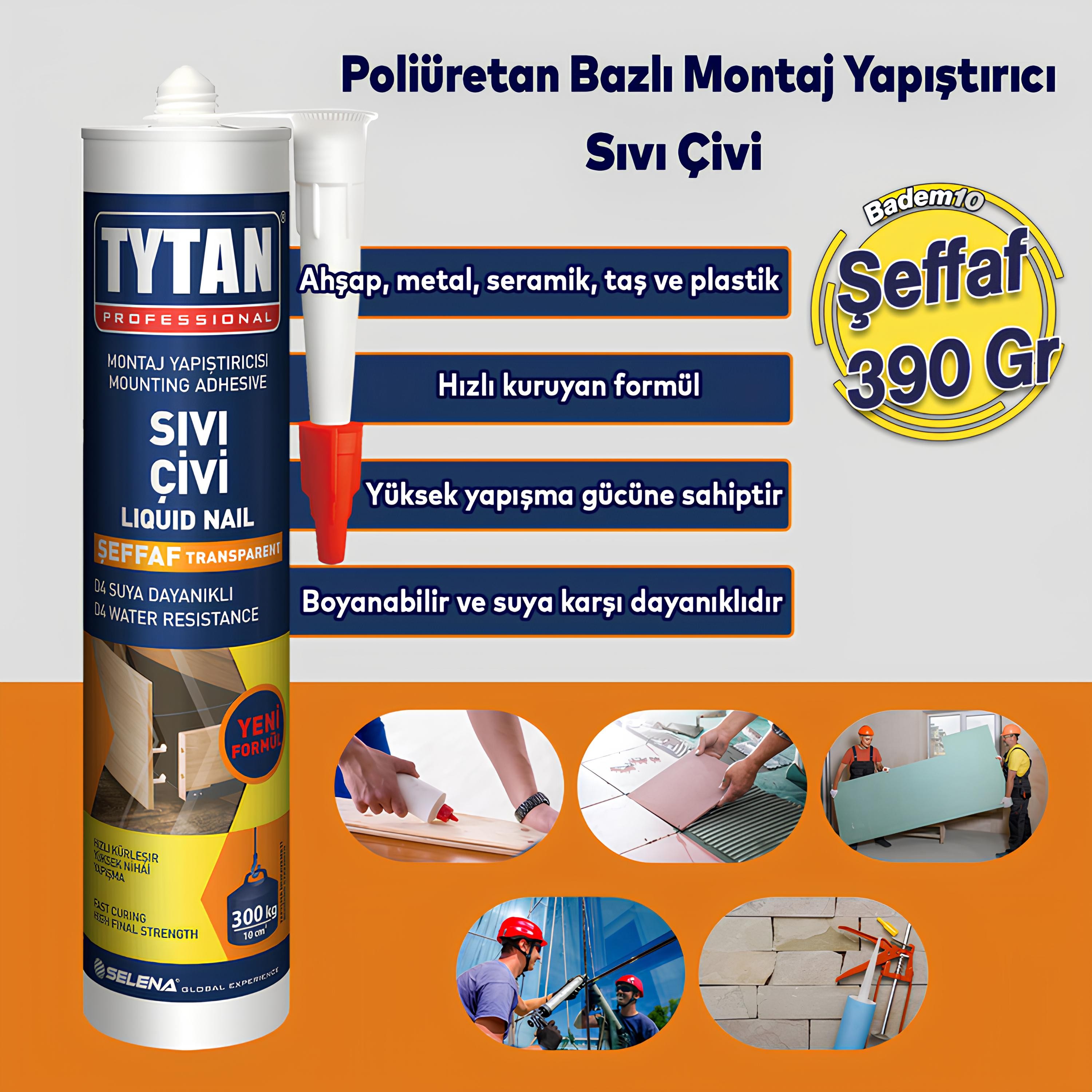Tytan Montaj Yapıştırıcı Sıvı Çivi 390 gr Su Geçirmez Mutfak Banyo Ahşap Dolap Beton Fayans Mermer 