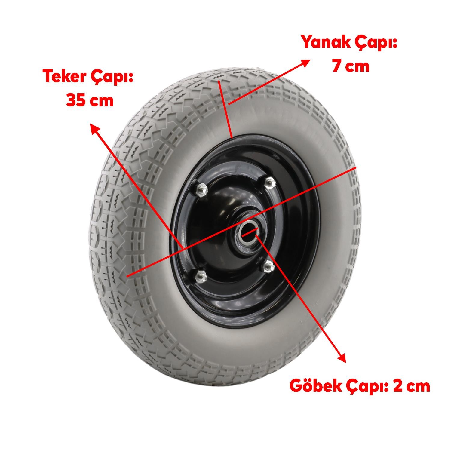 El Arabası Yük Taşıma Tekeri Rulmanlı Patlamayan Poliüretan Teker PU Dolma Tekerlek Gri 350x70 mm