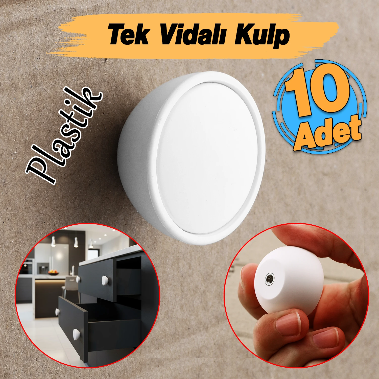 Tek Vidalı 10 Adet Beyaz Renk Polimer Düğme Kulp Bombeli Dolap Mobilya Dolap Çekmece Kulpu Kulbu