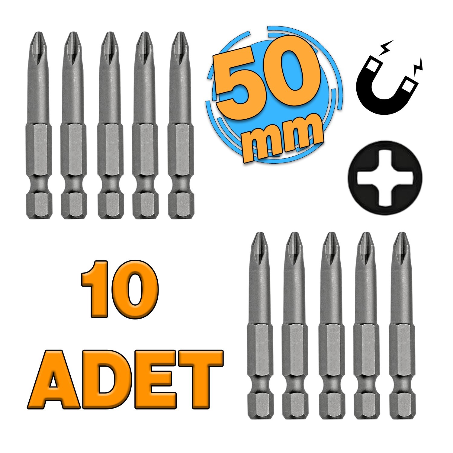 Mıknatıslı Yıldız PH2 Bits Uç 50 mm 10'lu Set Kutulu Manyetik 1/4" Matkap Ucu 5 cm Uzunluk