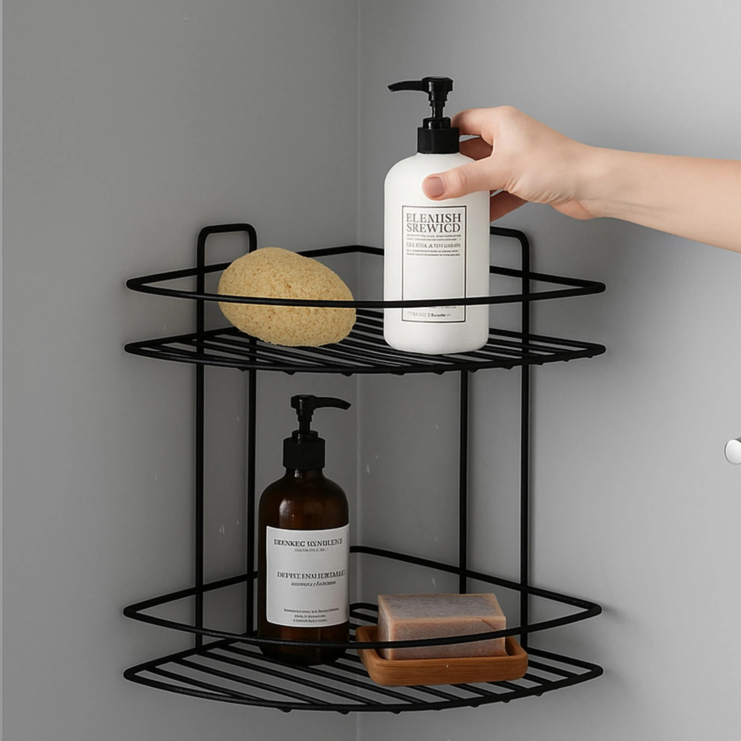 Siyah İki Katlı Vidalı Duş Şampuanlık Köşe Rafı Banyo Organizeri Askılı Şampuanlık Düzenleyici