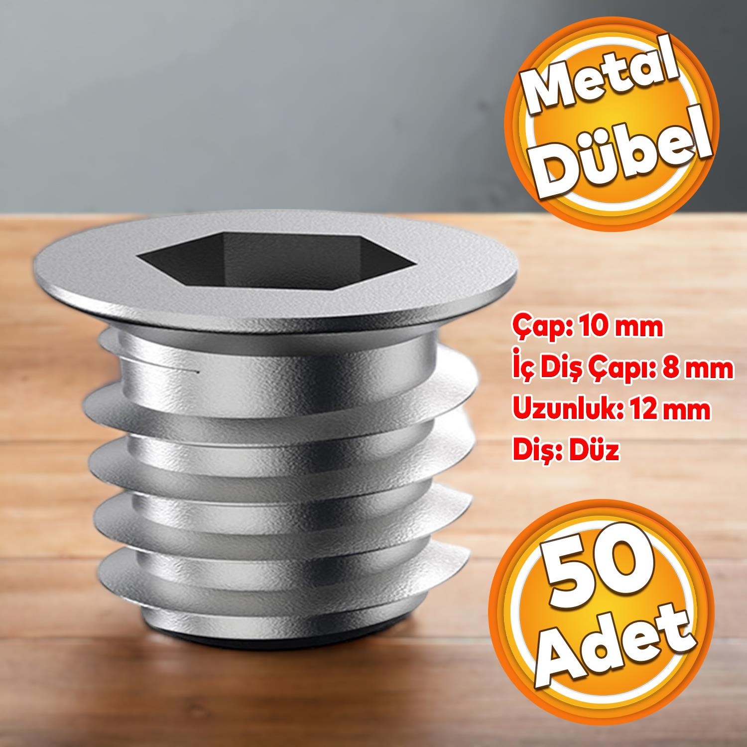 Metal Düz Dişli Dübel Ahşap Dübeli M8 10x12 Diş Çinko Mobilya Bağlantı Ünite Birleştirme (50 ADET)