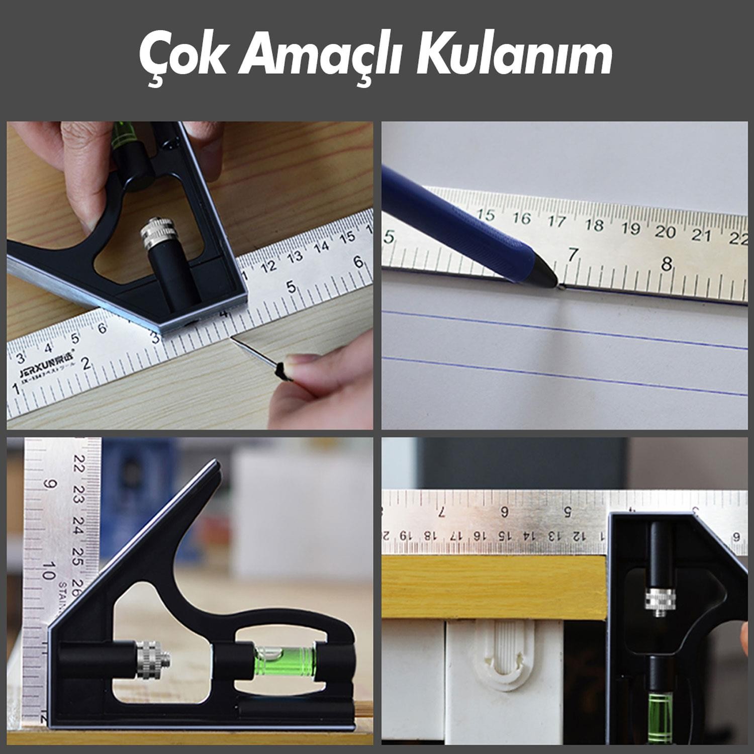 BTS Dw Ayarlanabilir Su Terazili Gönye 30 cm 45-90° Marangoz Açı Ölçer Cetvel