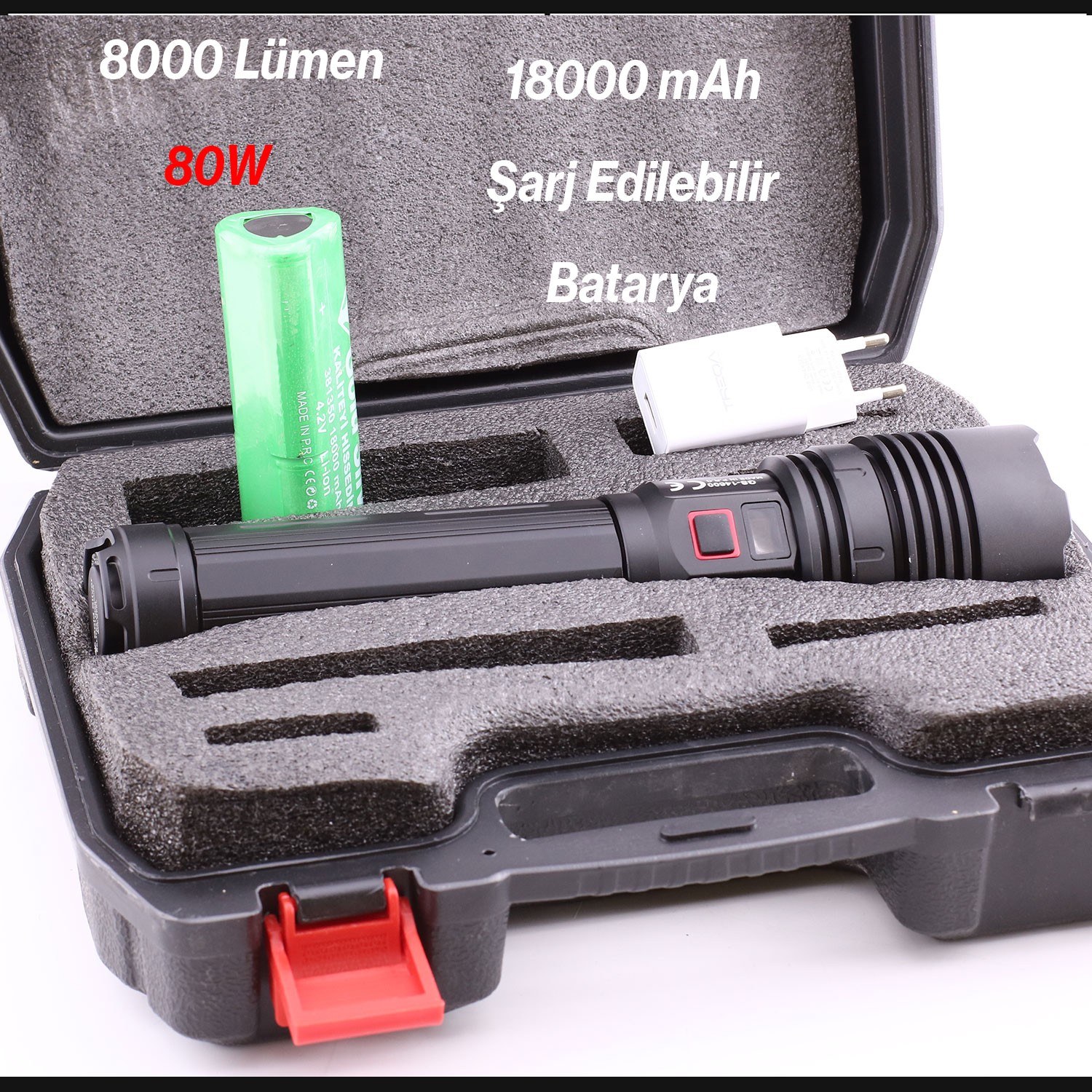 El Feneri Metal Kasa 8000 Lümen 80W Zoomlu Uzun Menzil Şarjlı Powerbank Ledli Işık Lambası Kamp