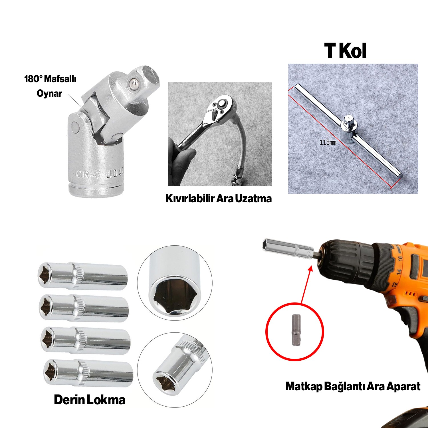 Lokma Anahtar Takımı 53 Parça Uzatma Kolu Mafsallı 1/4 Yıldız Hex Tork Düz Set Bits Uç Allen