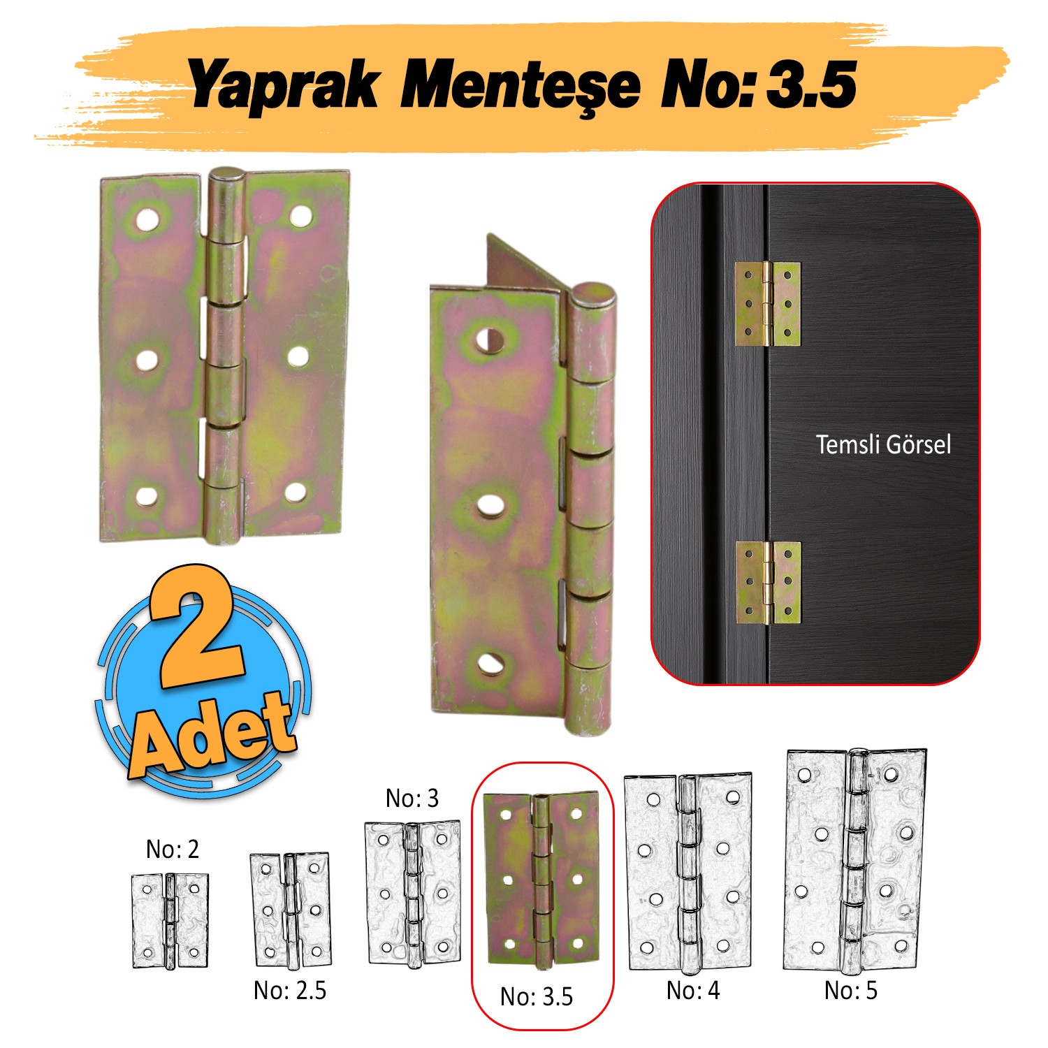 Metal Yaprak Menteşe 2 Adet Prinç Sarı No:3.5 Mobilya Pencere Kapı Dolap PVC Menteşesi İki Kanatlı