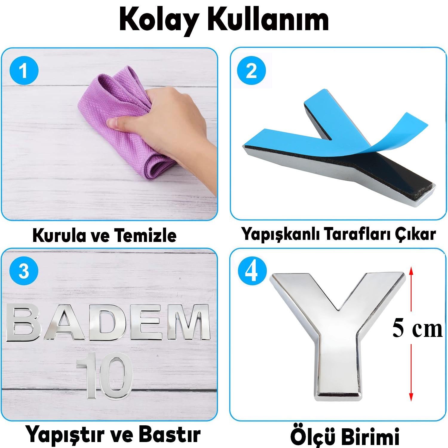 Harf Yapışkanlı Y Harfi 5 cm Kapı Oda Posta Kutusu Oto Araç Harfi Yazısı Parlak Krom Gümüş 