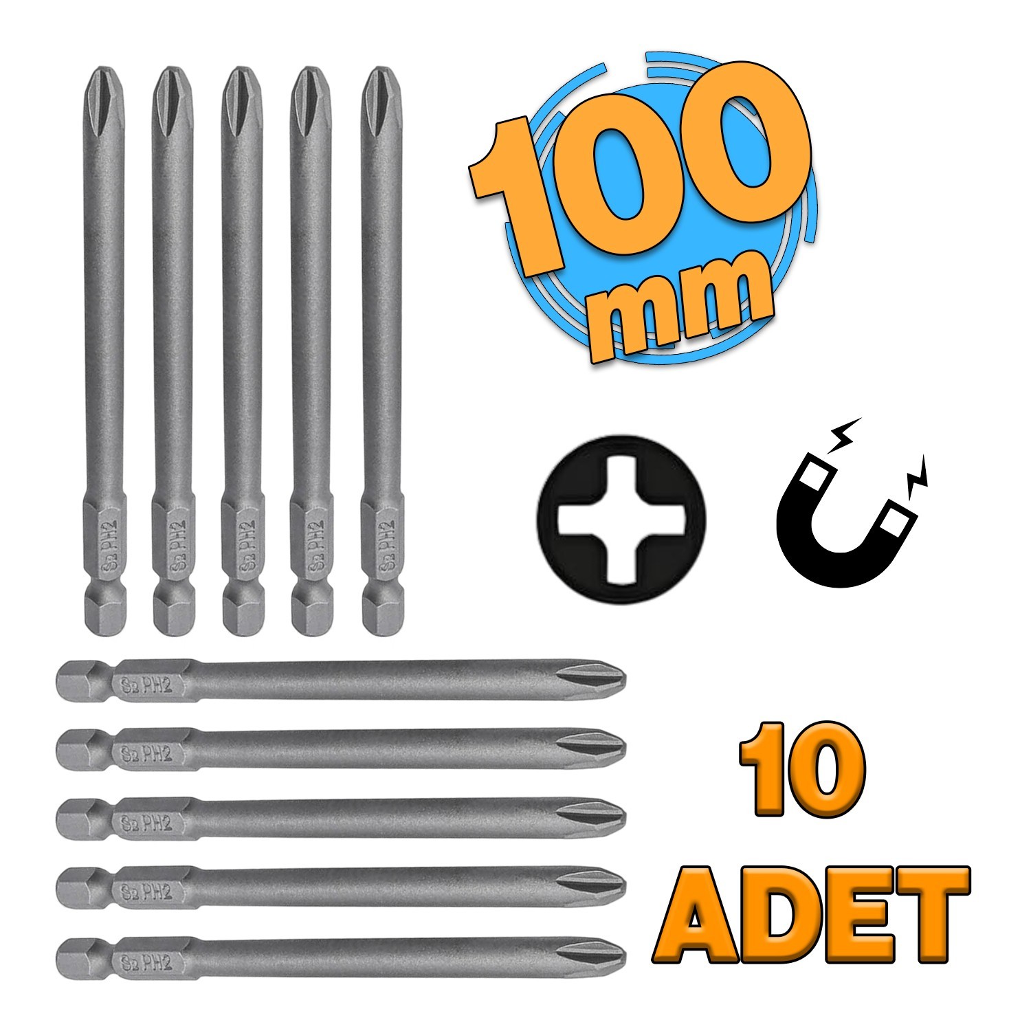 Mıknatıslı Yıldız PH2 Bits Uç 100 mm 10'lu Set Kutulu Manyetik 1/4" Matkap Ucu 10 cm Uzunluk